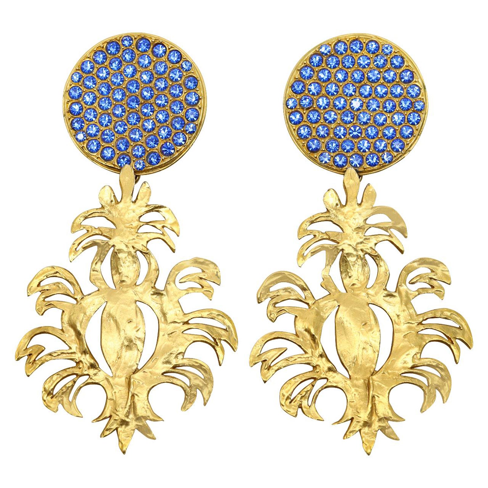 Vintage Yves Saint Lauren YSL Couture Tono Dorado con Cristales Azules Circa Años 80