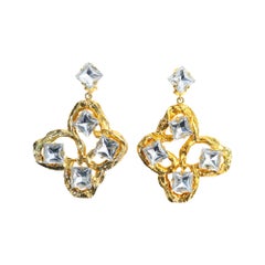 Vintage Yves Saint Laurent Couture Gold Clip-On Earrings with Crystals, 1980s