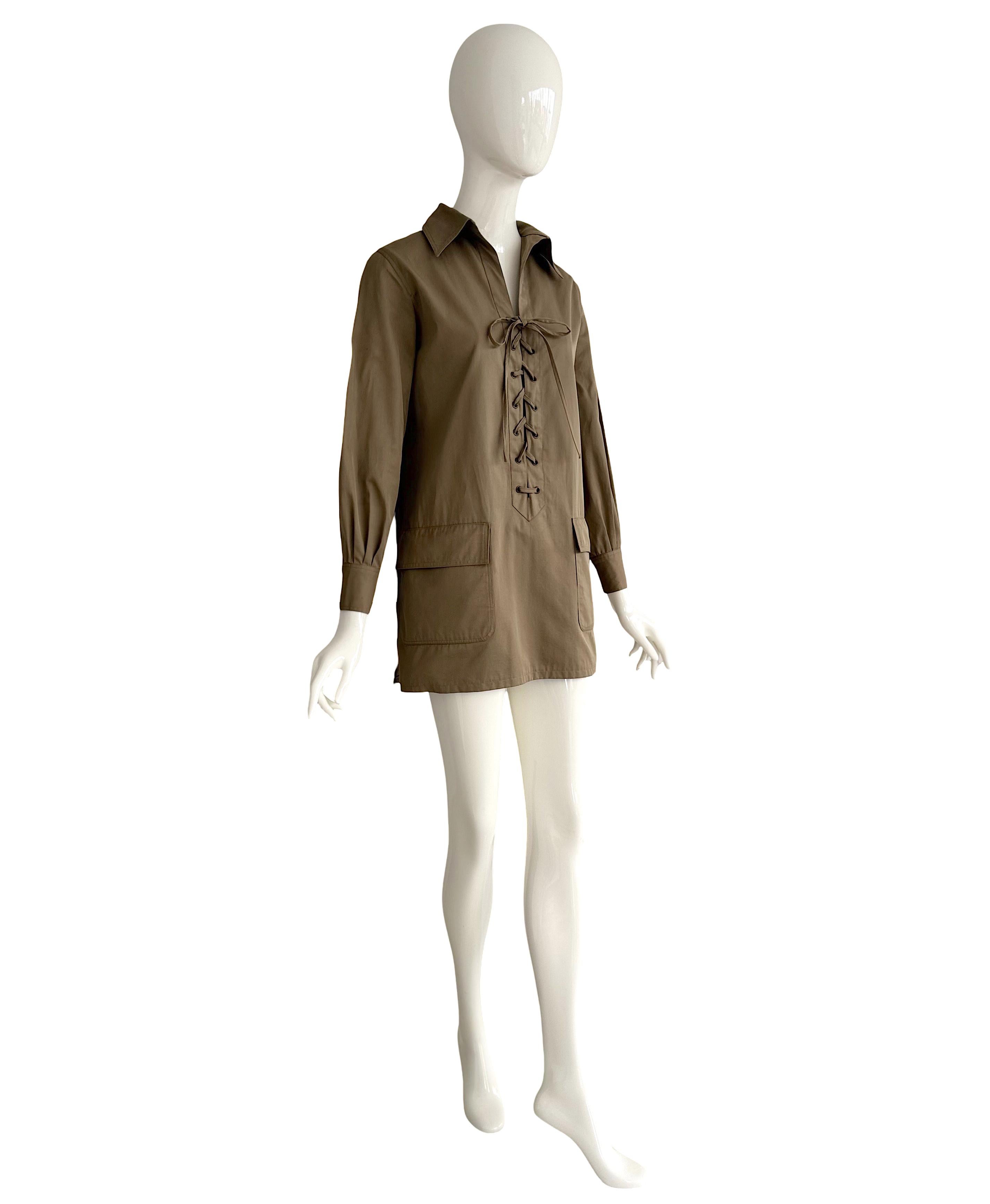 Vintage By Yves Saint Laurent 1968 Khaki Baumwolle Safari Schnürung Detail Mini Kleid im Angebot 9