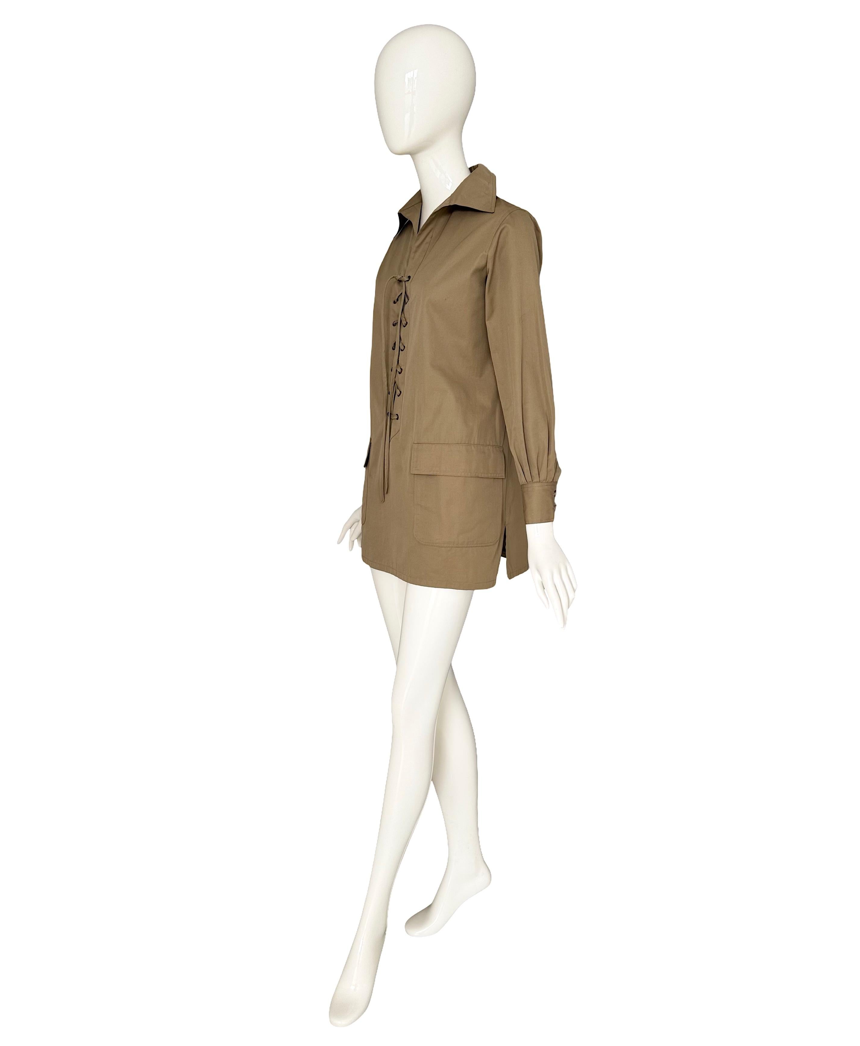 Vintage By Yves Saint Laurent 1968 Khaki Baumwolle Safari Schnürung Detail Mini Kleid Damen im Angebot