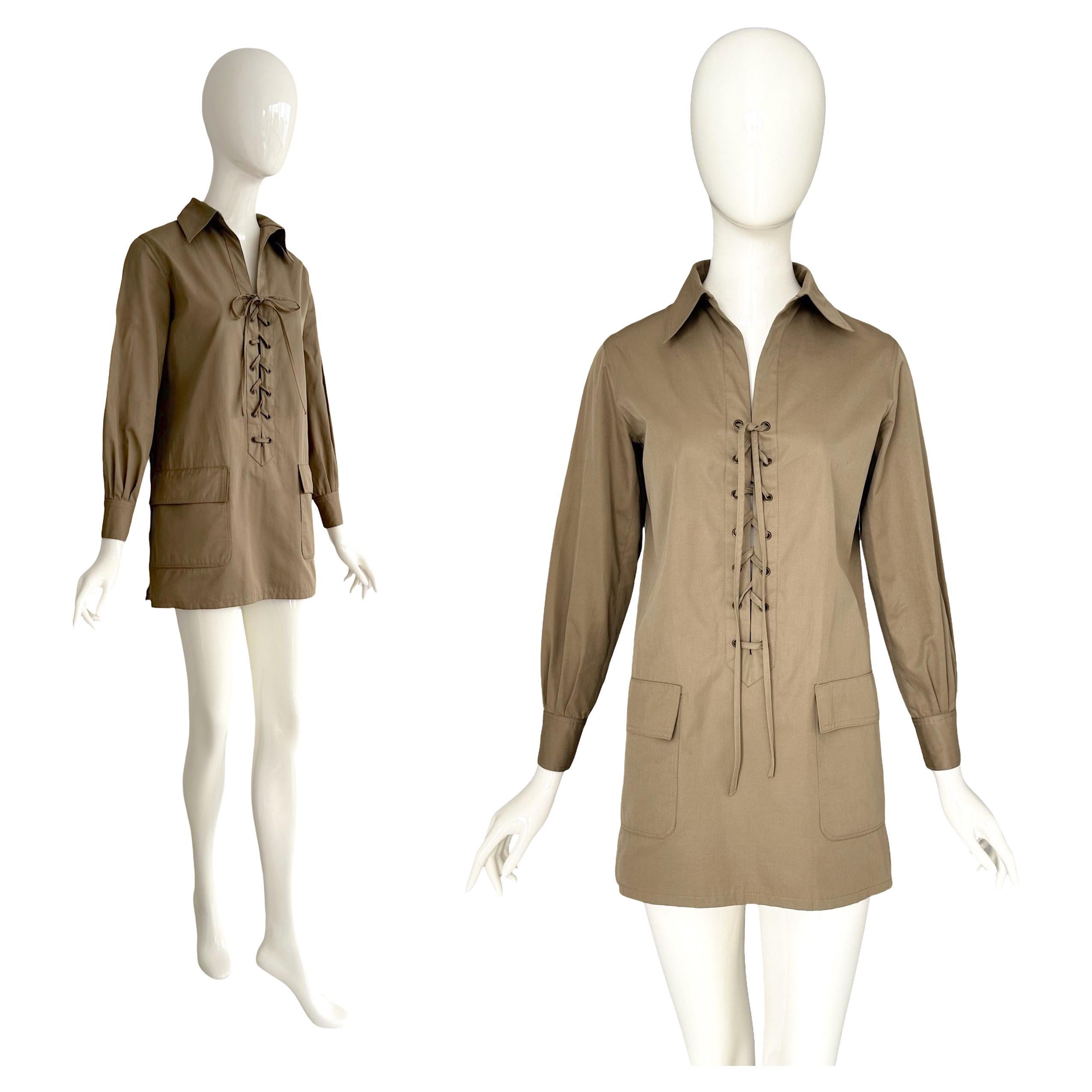 Vintage By Yves Saint Laurent 1968 Khaki Baumwolle Safari Schnürung Detail Mini Kleid im Angebot