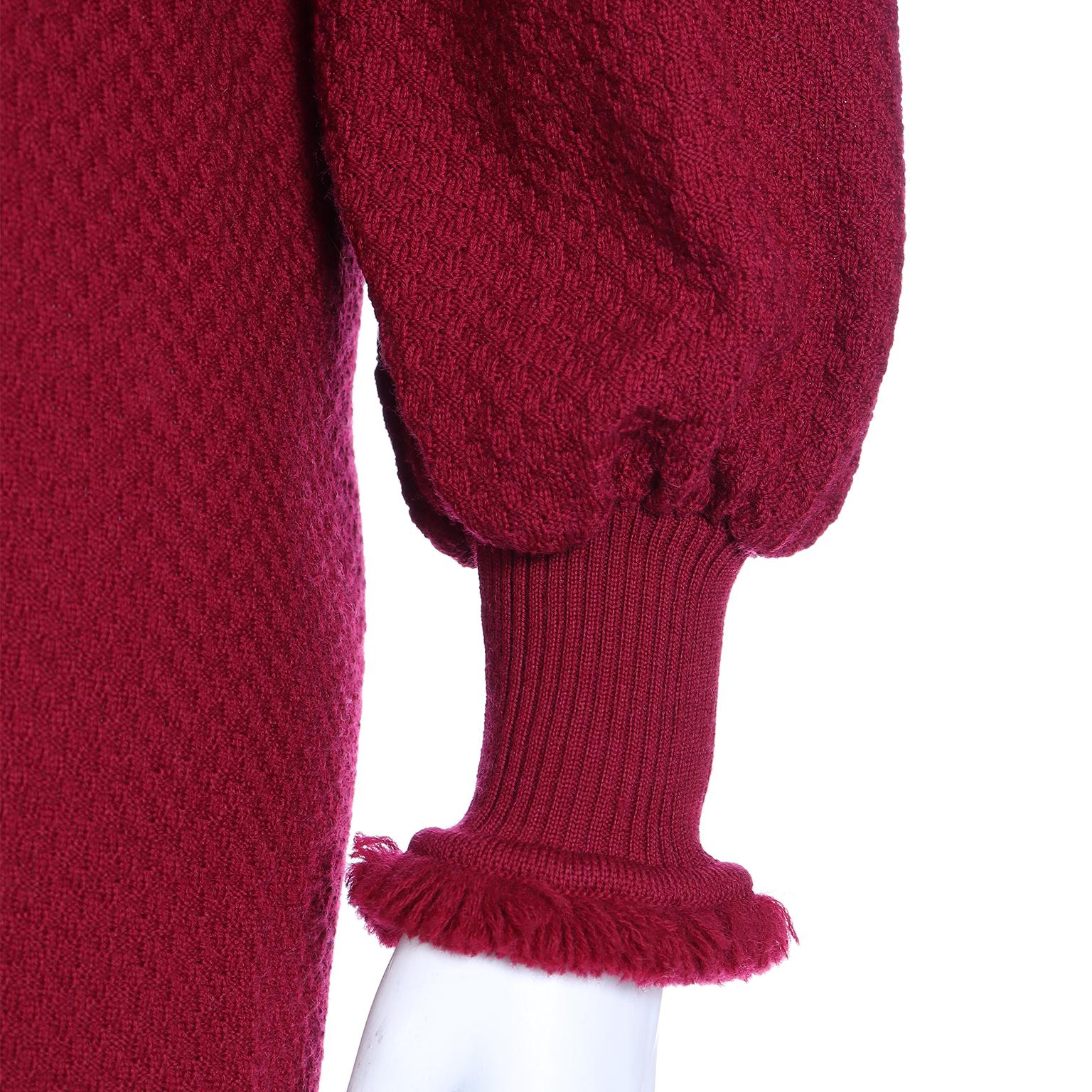 Vintage Yves Saint Laurent 1970s Burgundy Red Fringe Wool Knit Sweater For Sale 6