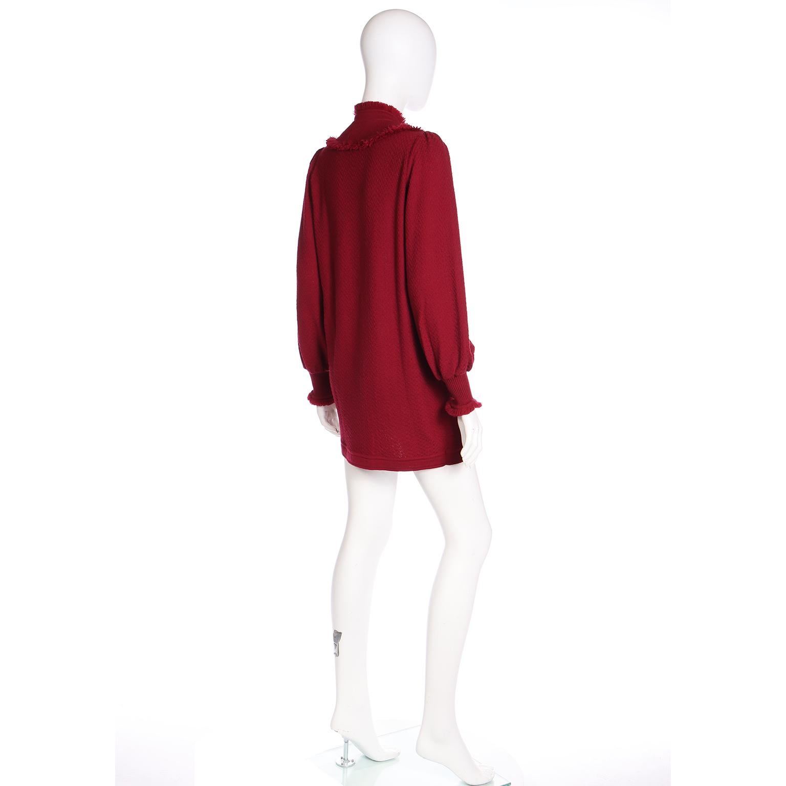 Women's Vintage Yves Saint Laurent 1970s Burgundy Red Fringe Wool Knit Sweater For Sale