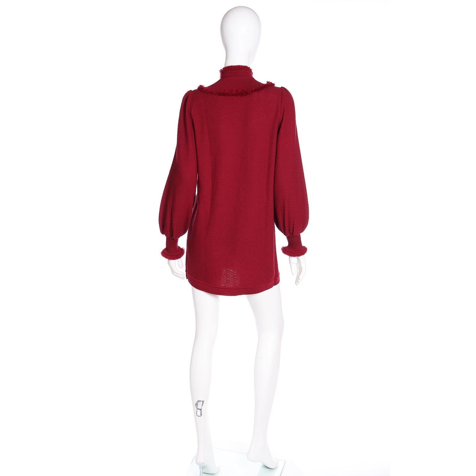 Vintage Yves Saint Laurent 1970s Burgundy Red Fringe Wool Knit Sweater For Sale 1