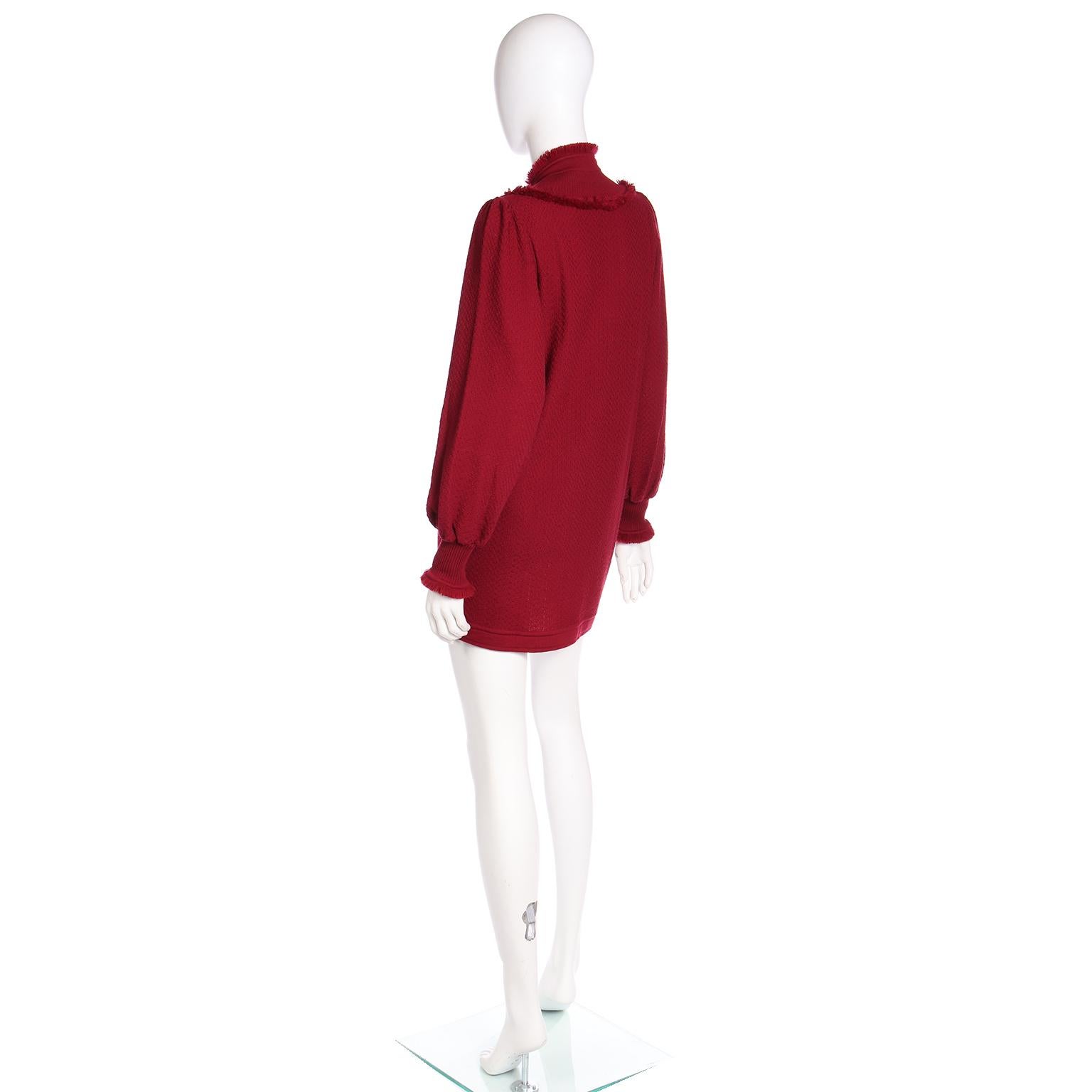 Vintage Yves Saint Laurent 1970s Burgundy Red Fringe Wool Knit Sweater For Sale 2