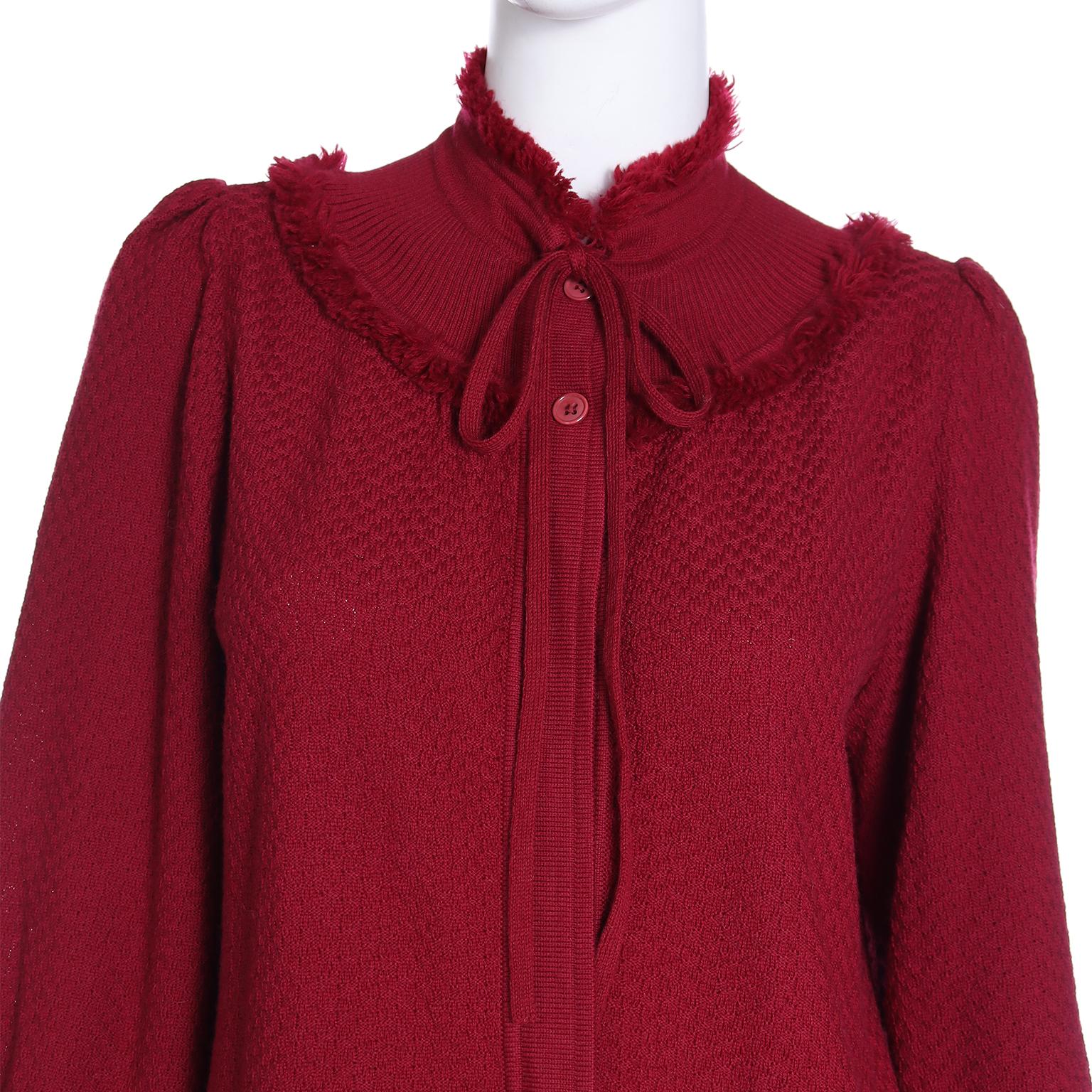 Vintage Yves Saint Laurent 1970s Burgundy Red Fringe Wool Knit Sweater For Sale 4