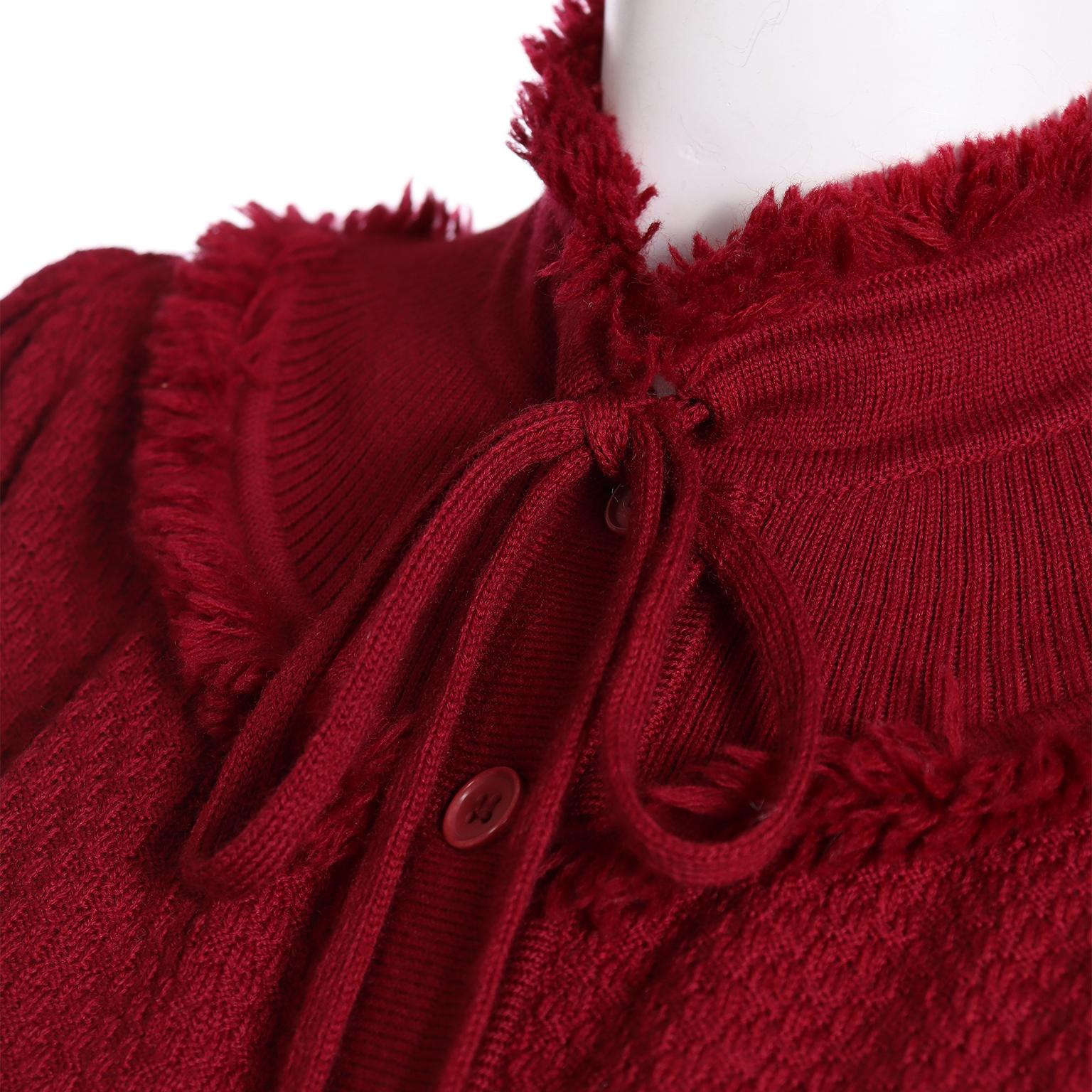 Vintage Yves Saint Laurent 1970s Burgundy Red Fringe Wool Knit Sweater For Sale 5
