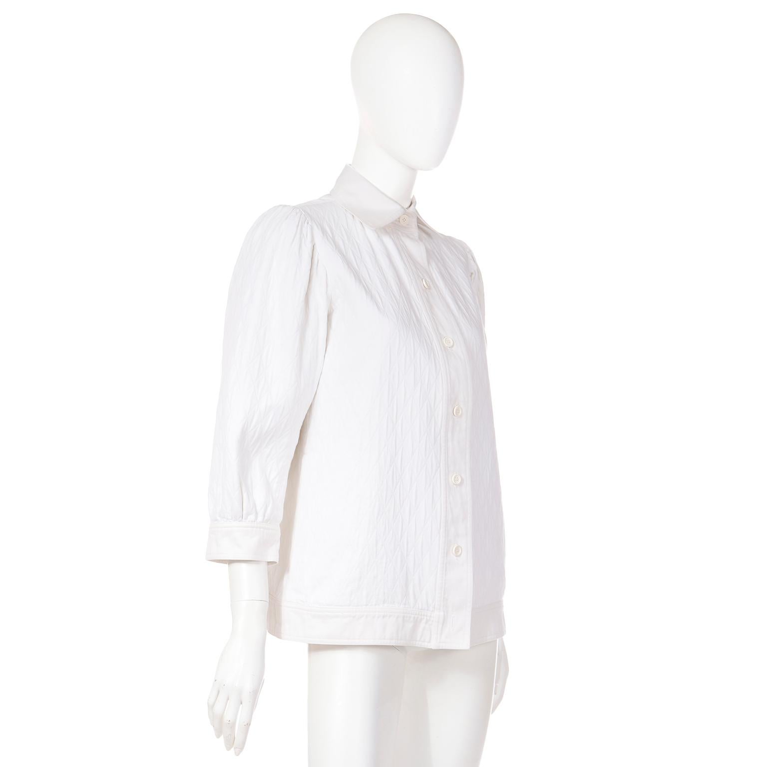 Gray Vintage Yves Saint Laurent 1970s White Cotton Blend Quilted Smock Style Jacket  For Sale