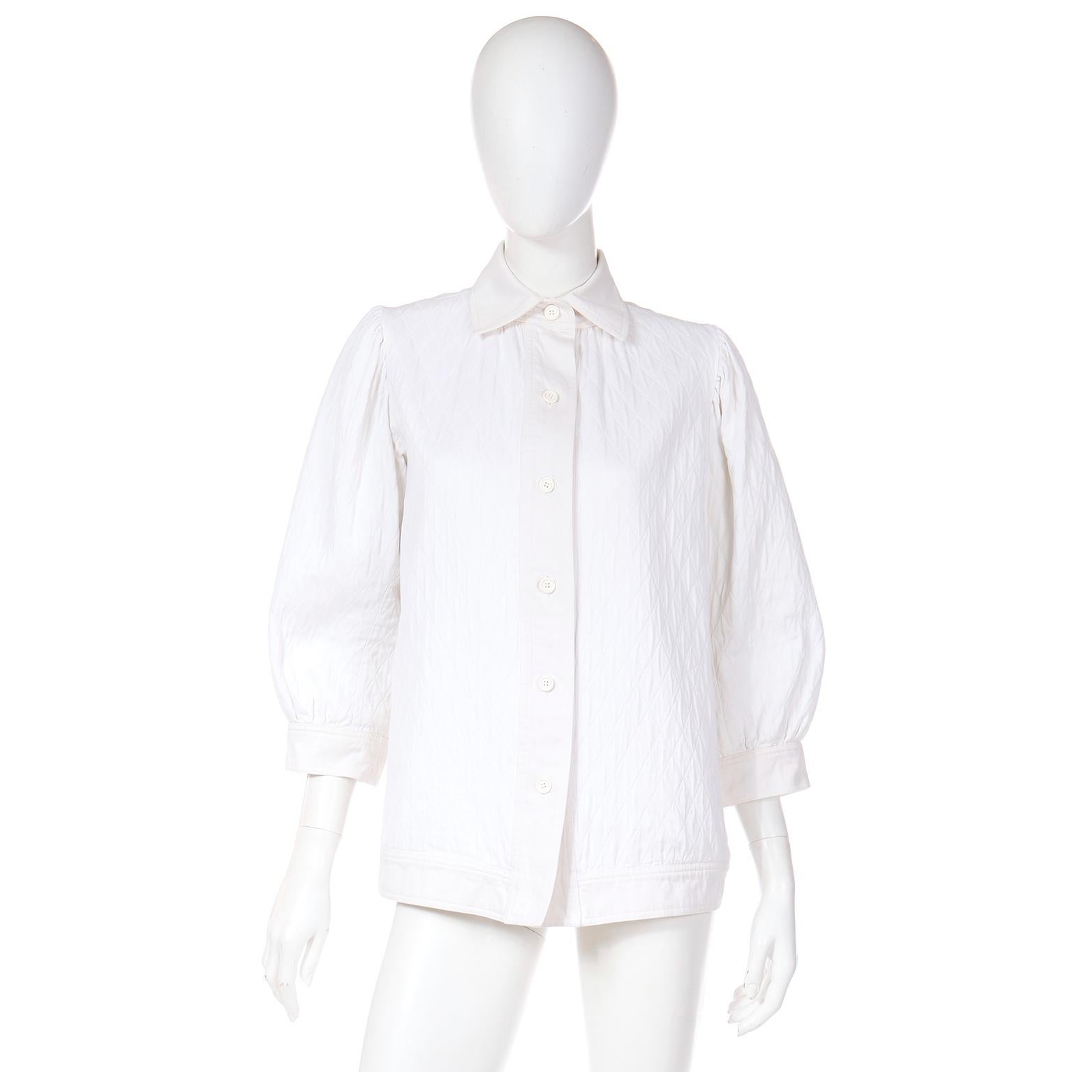 Vintage Yves Saint Laurent 1970s White Cotton Blend Quilted Smock Style Jacket  For Sale 4