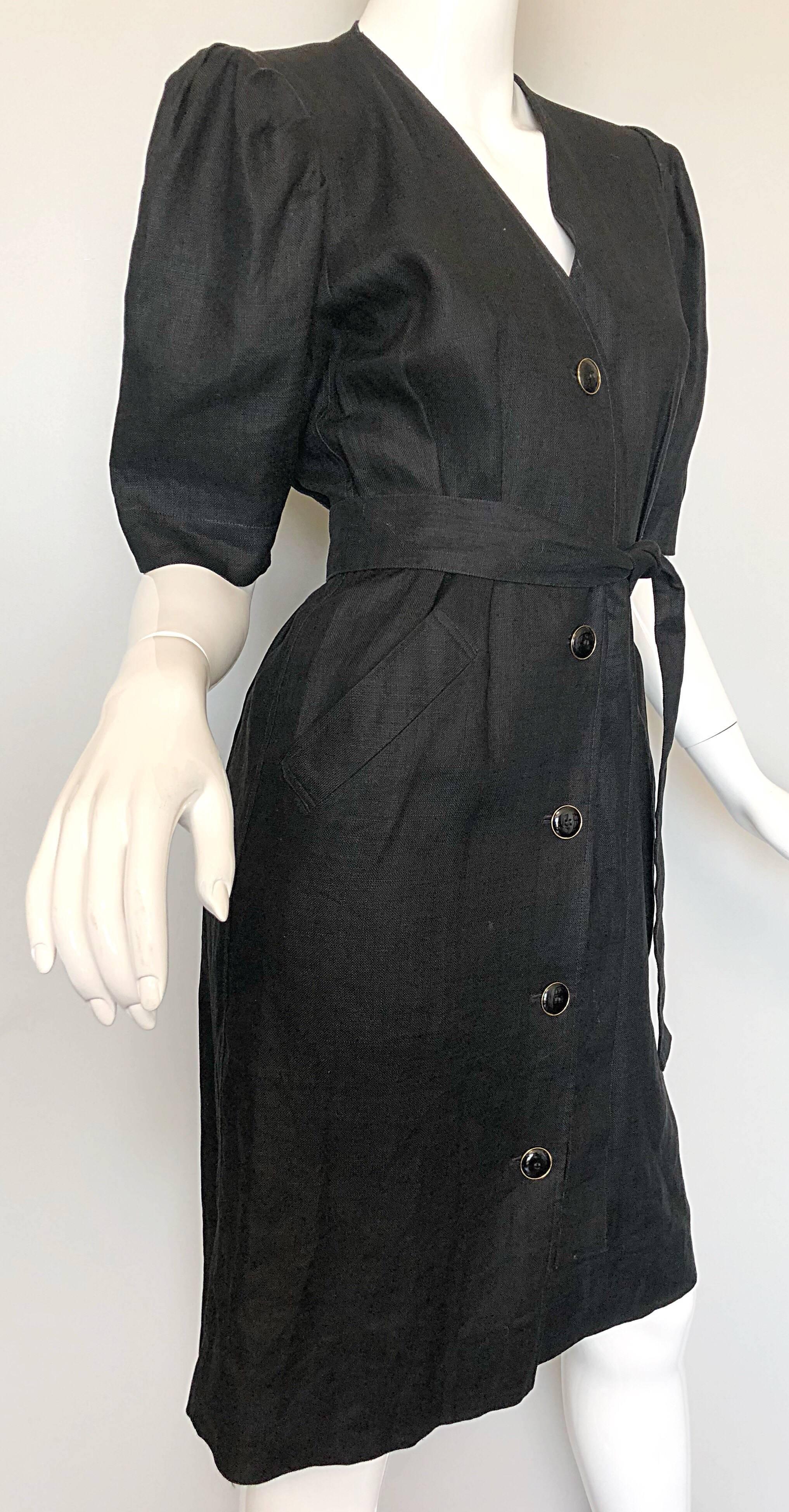 Vintage Yves Saint Laurent 1980s Black Linen Short Sleeve 80s Belted Dress YSL 5