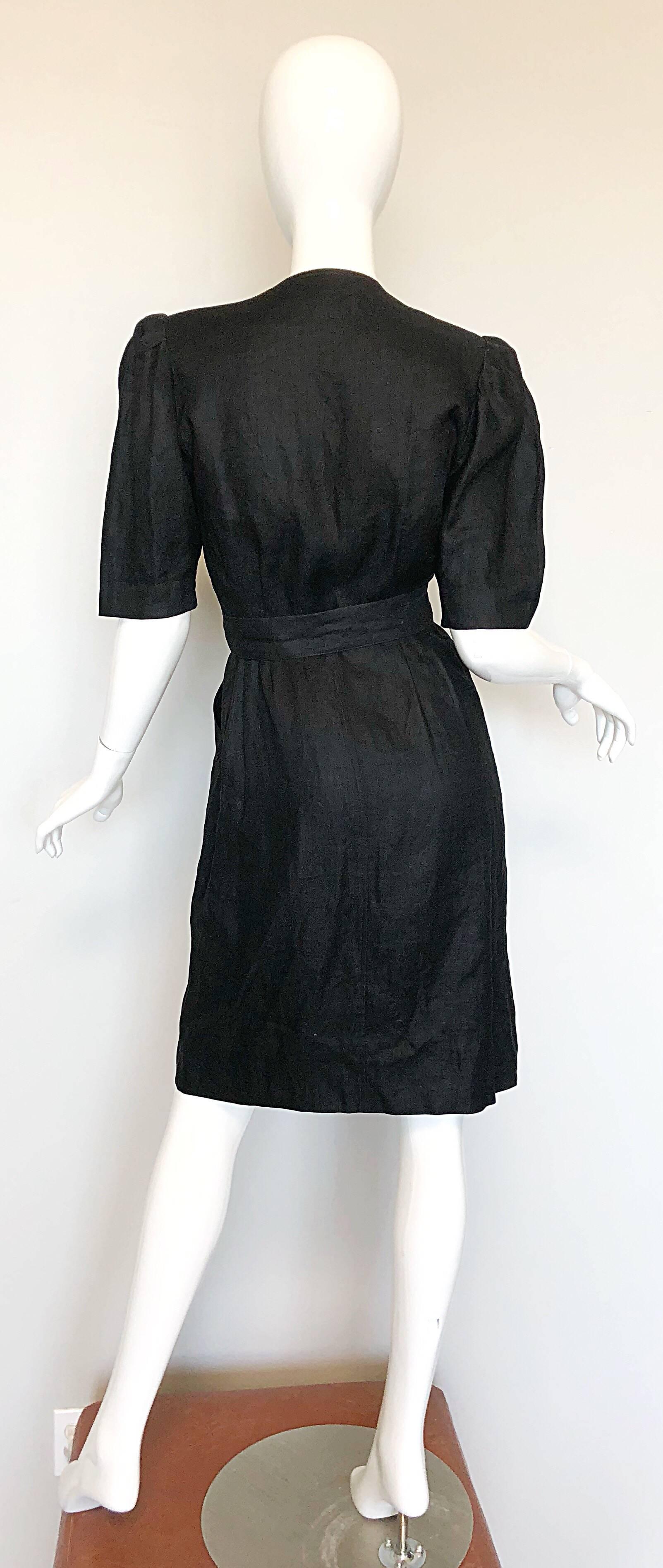 Vintage Yves Saint Laurent 1980s Black Linen Short Sleeve 80s Belted Dress YSL In Excellent Condition In San Diego, CA