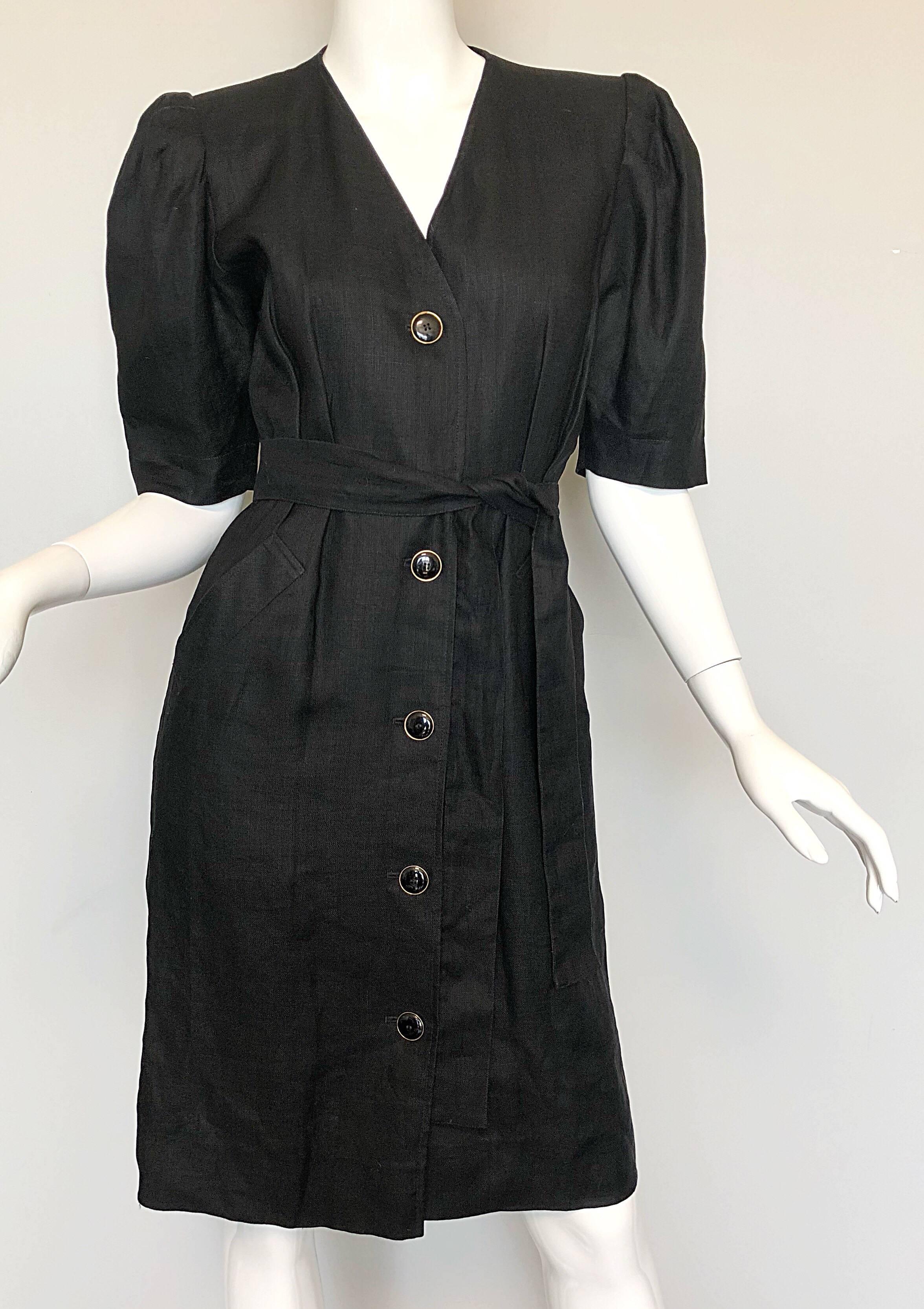 Women's Vintage Yves Saint Laurent 1980s Black Linen Short Sleeve 80s Belted Dress YSL