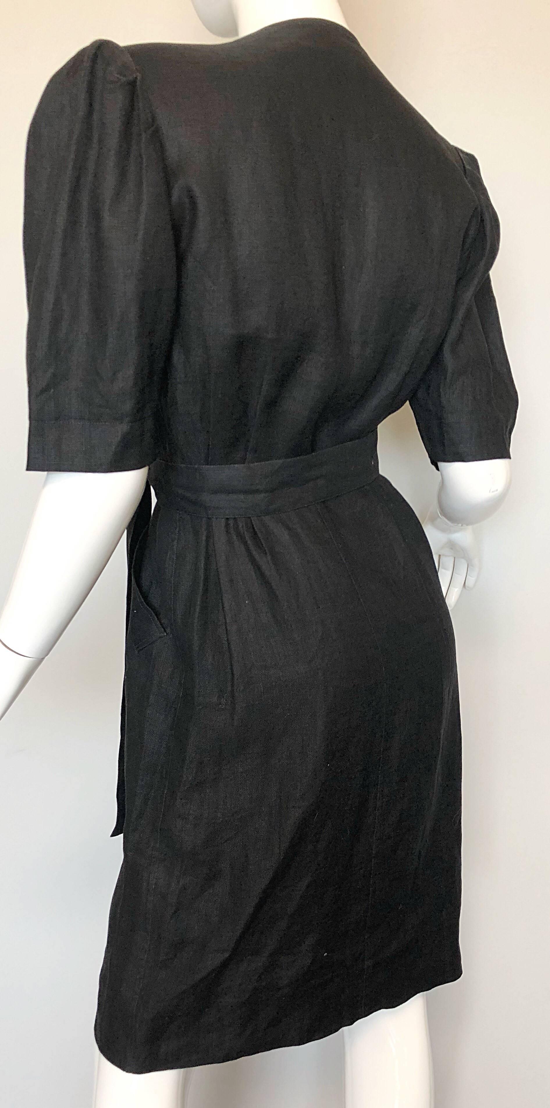 Vintage Yves Saint Laurent 1980s Black Linen Short Sleeve 80s Belted Dress YSL 1