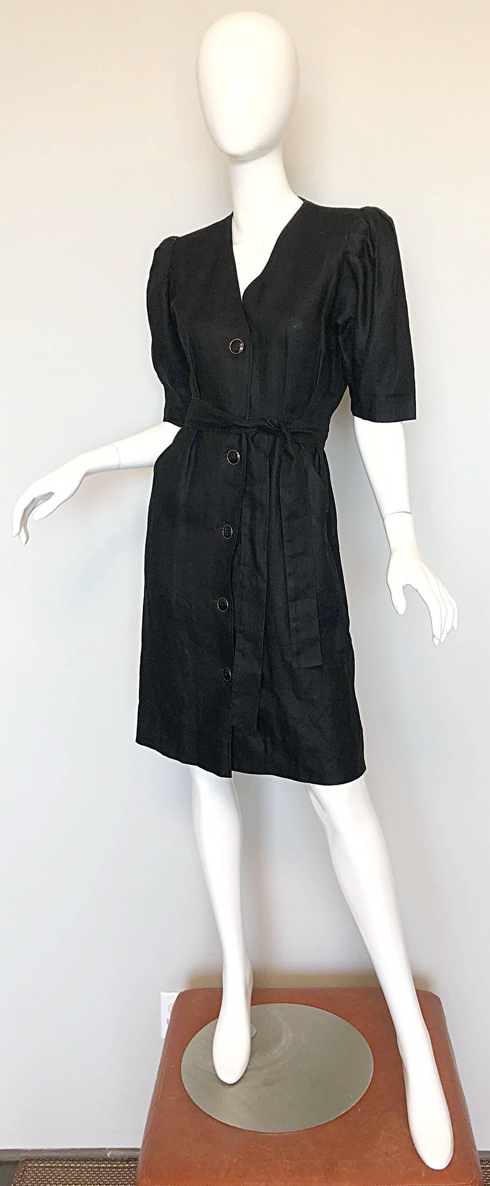 Vintage Yves Saint Laurent 1980s Black Linen Short Sleeve 80s Belted Dress YSL 2