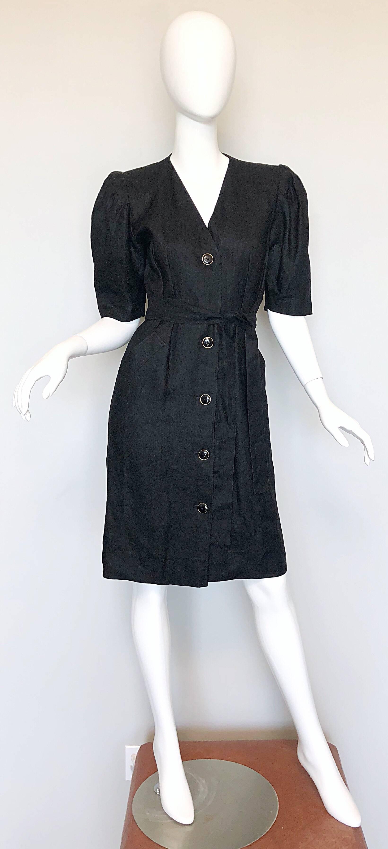 Vintage Yves Saint Laurent 1980s Black Linen Short Sleeve 80s Belted Dress YSL 3