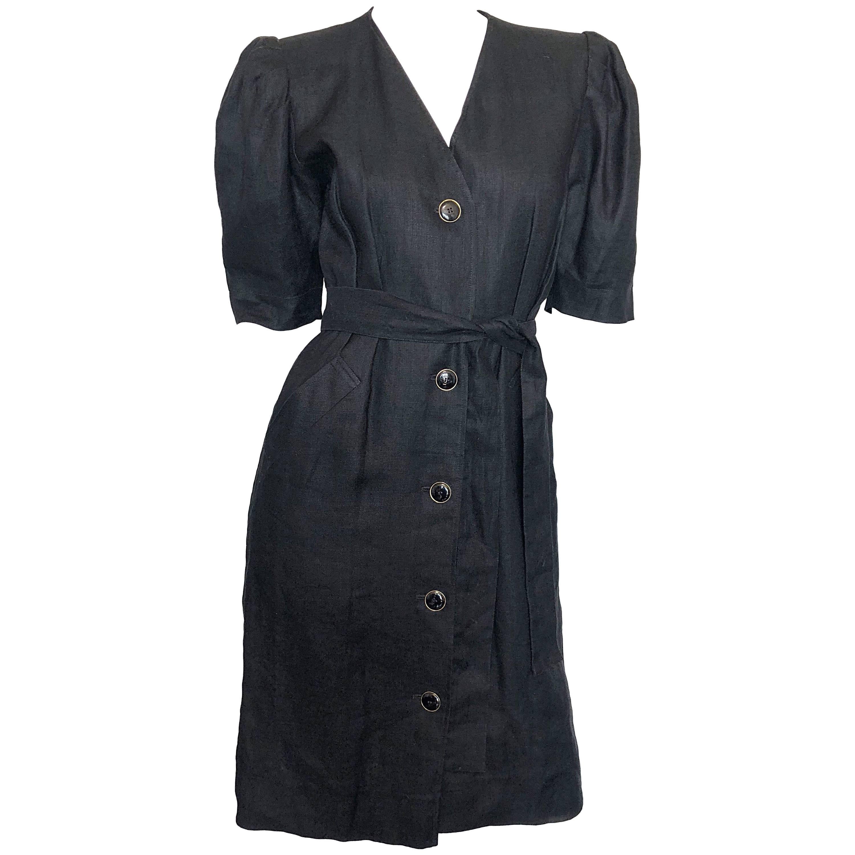 Vintage Yves Saint Laurent 1980s Black Linen Short Sleeve 80s Belted Dress YSL
