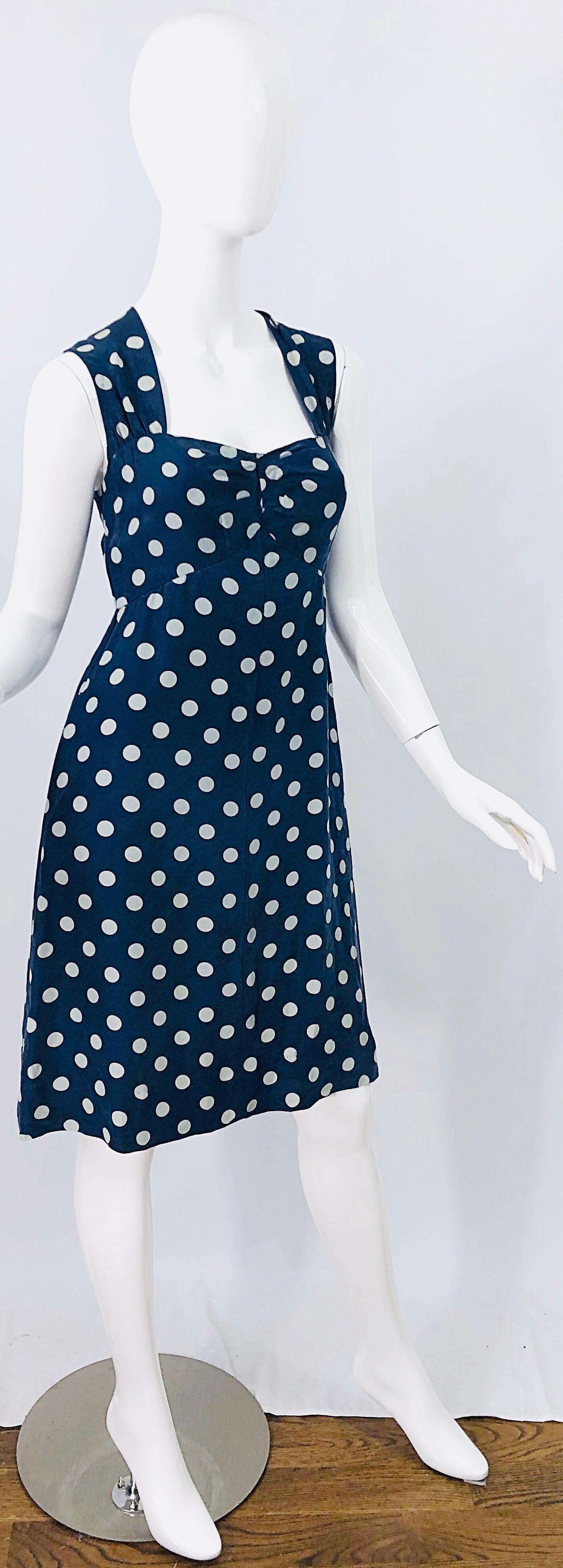 Vintage Yves Saint Laurent 1980s Navy Blue + White Polka Dot Silk 80s Dress YSL 3