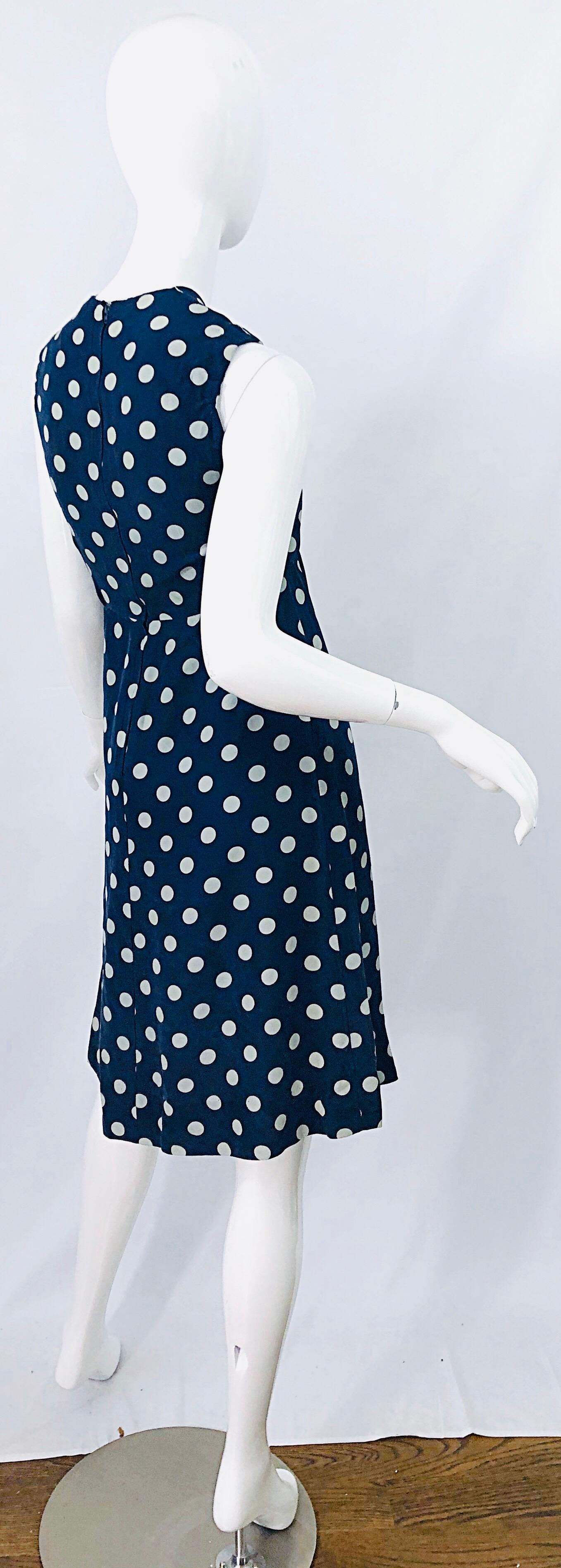 Vintage Yves Saint Laurent 1980s Navy Blue + White Polka Dot Silk 80s Dress YSL 4