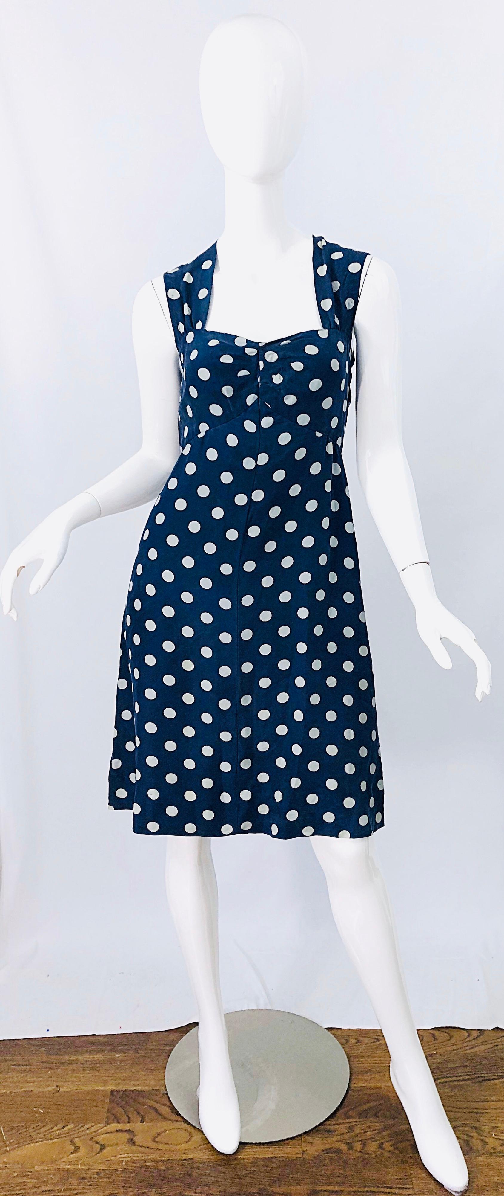 Vintage Yves Saint Laurent 1980s Navy Blue + White Polka Dot Silk 80s Dress YSL 5