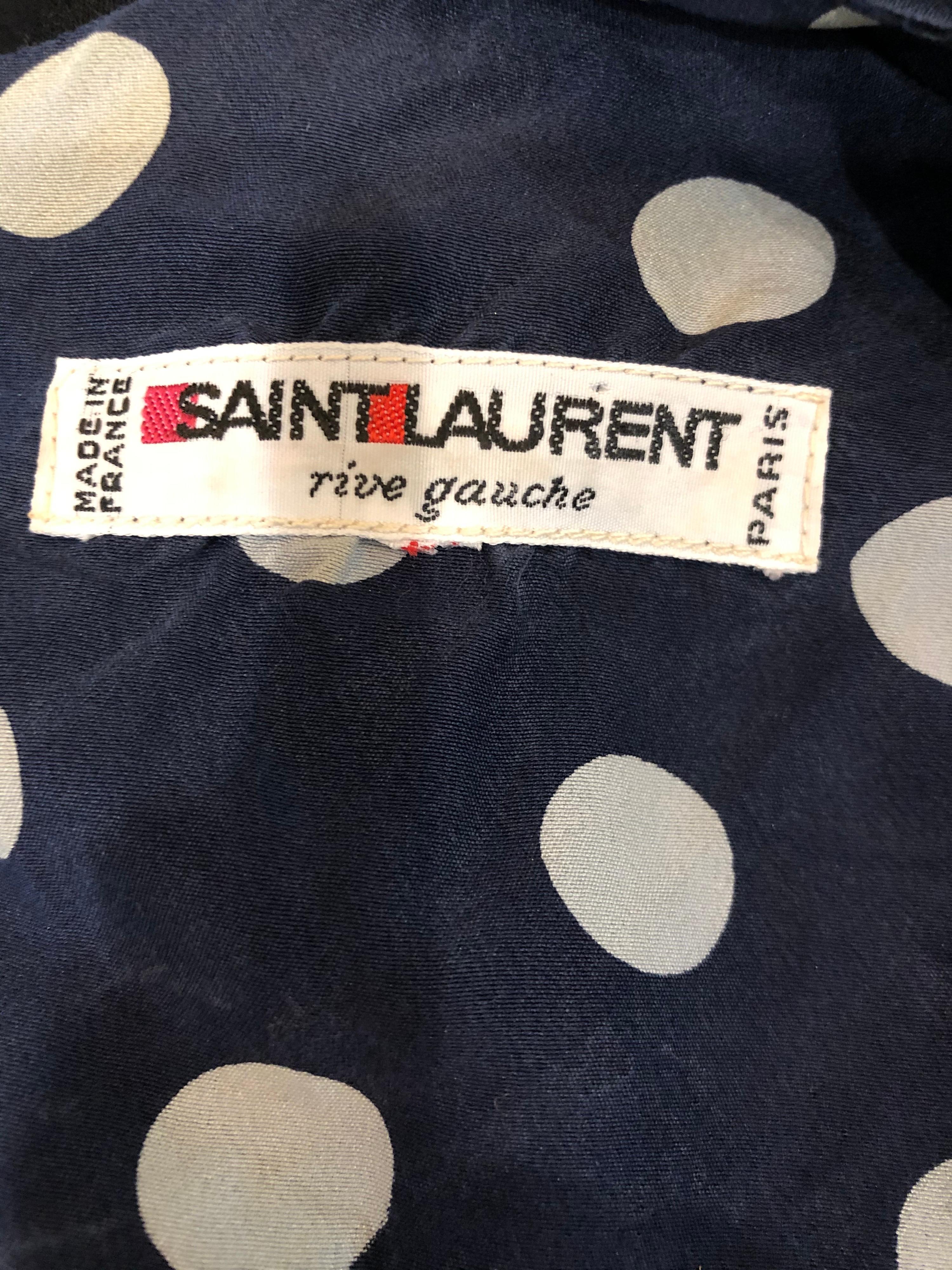 Vintage Yves Saint Laurent 1980s Navy Blue + White Polka Dot Silk 80s Dress YSL 6