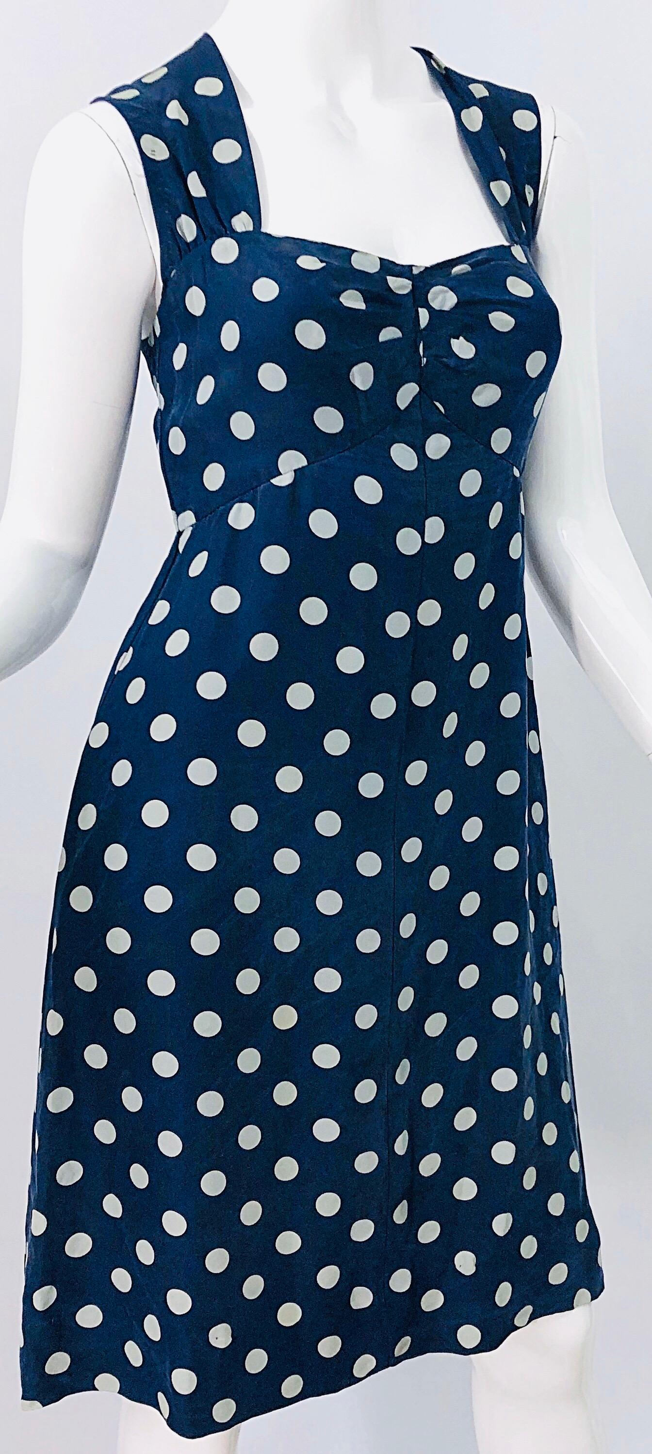 Black Vintage Yves Saint Laurent 1980s Navy Blue + White Polka Dot Silk 80s Dress YSL