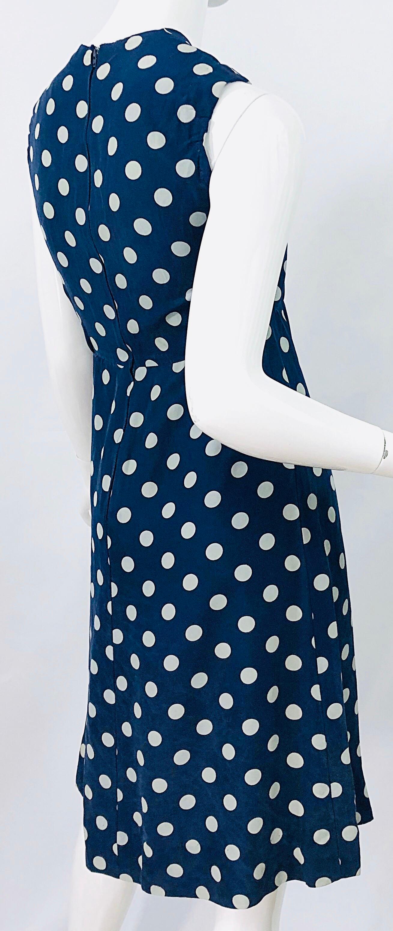 Women's Vintage Yves Saint Laurent 1980s Navy Blue + White Polka Dot Silk 80s Dress YSL