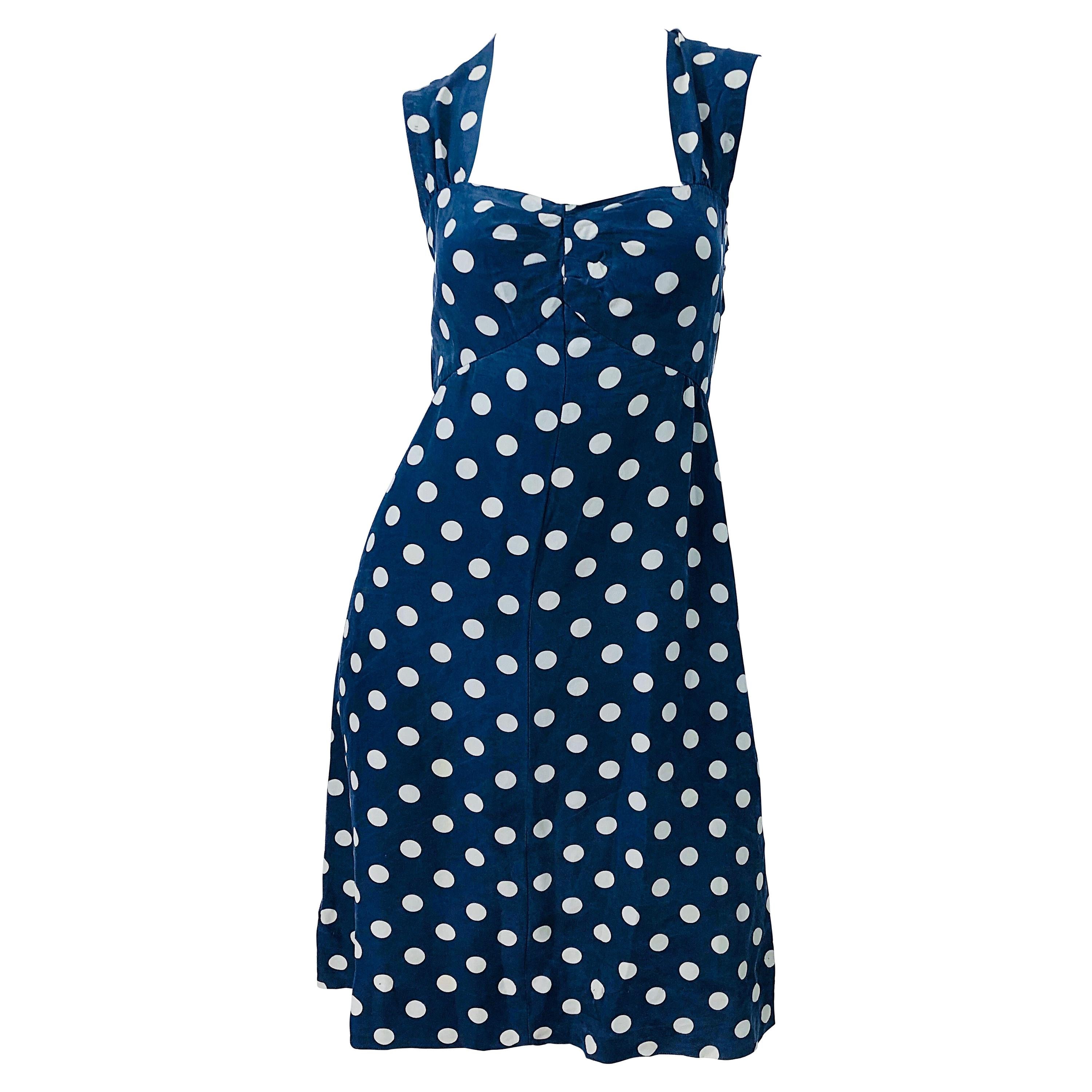 Vintage Yves Saint Laurent 1980s Navy Blue + White Polka Dot Silk 80s Dress YSL