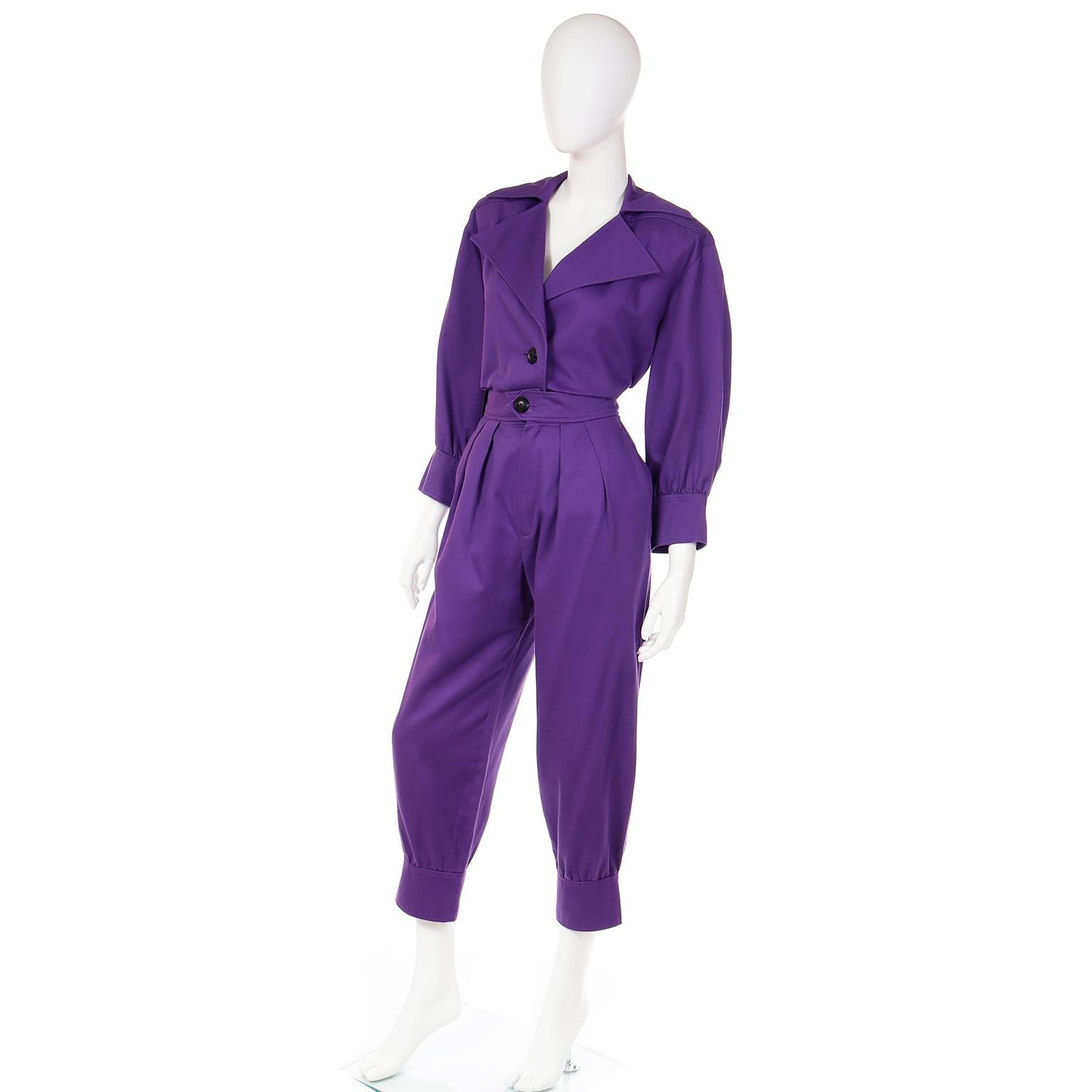 Vintage Yves Saint Laurent 1985 Runway Purple 2pc Pants & Jacket Outfit  In Excellent Condition In Portland, OR