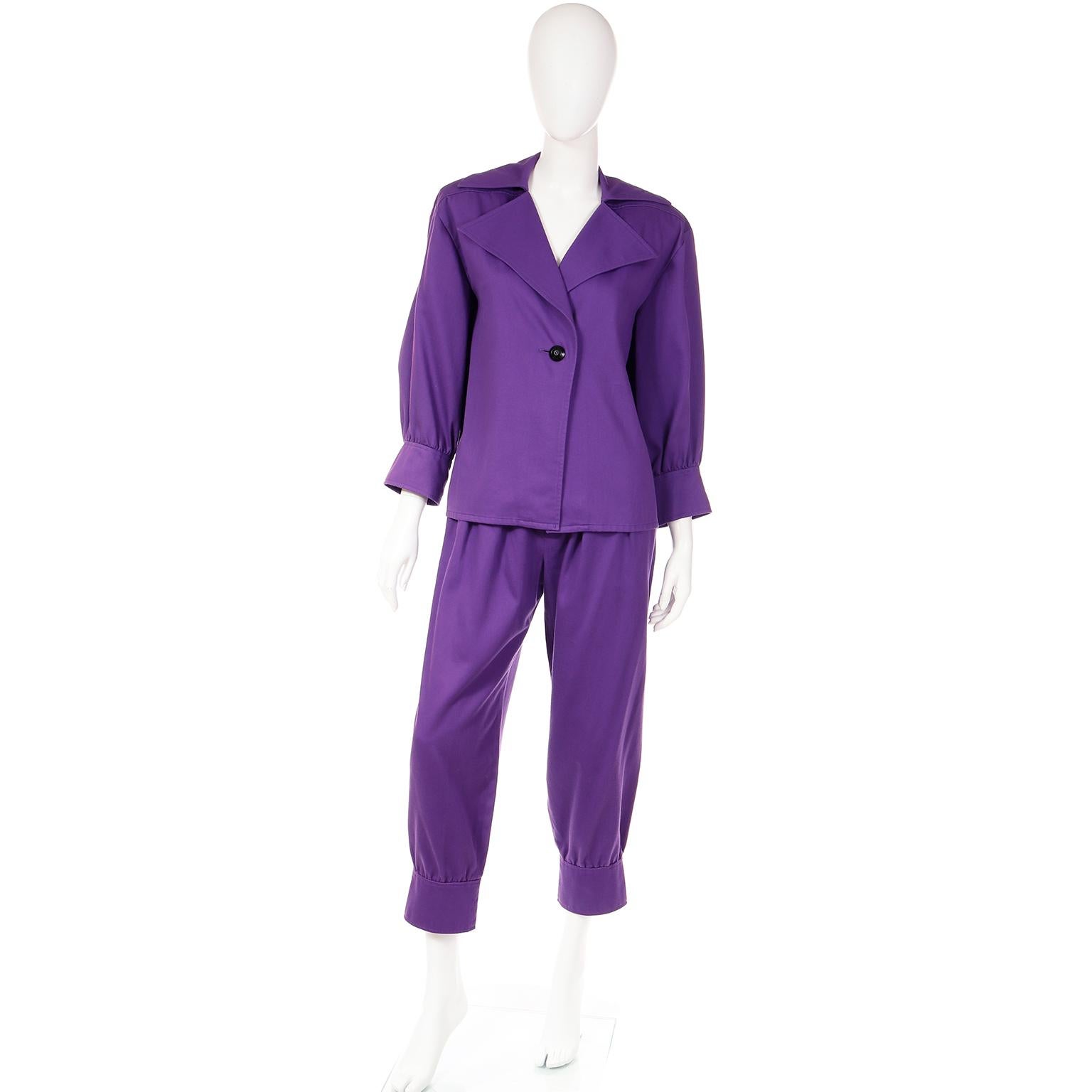 Women's Vintage Yves Saint Laurent 1985 Runway Purple 2pc Pants & Jacket Outfit 