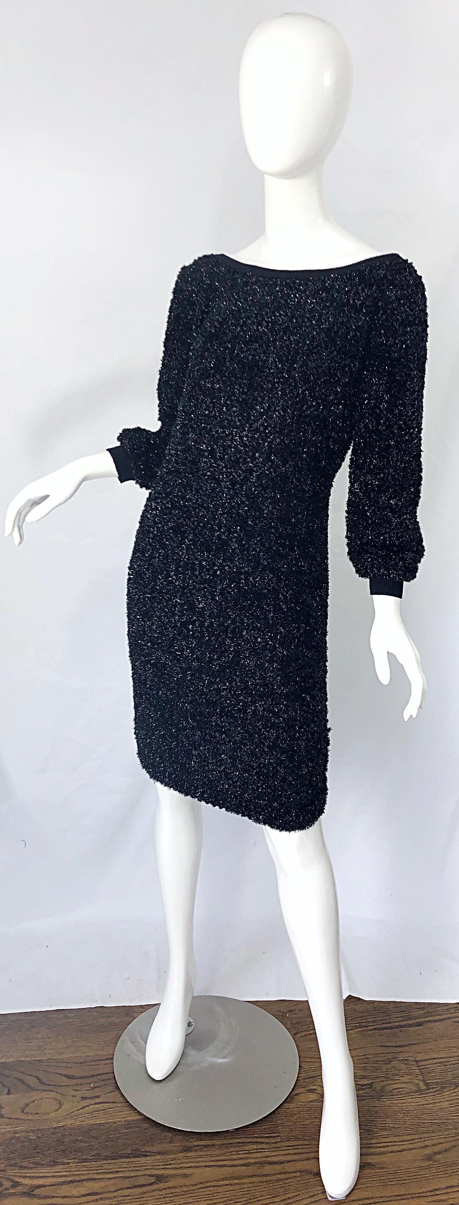 Vintage Yves Saint Laurent 1990s Black Metallic Tinsel Off - Shoulder 90s Dress In Excellent Condition For Sale In San Diego, CA