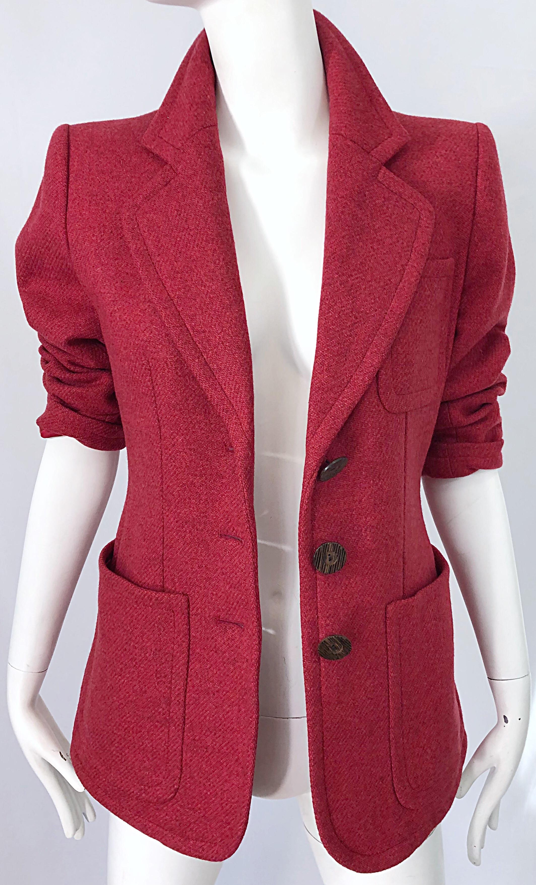 Vintage Yves Saint Laurent 1990s Raspberry Pink Classic 90s Blazer Jacket YSL In Excellent Condition In San Diego, CA