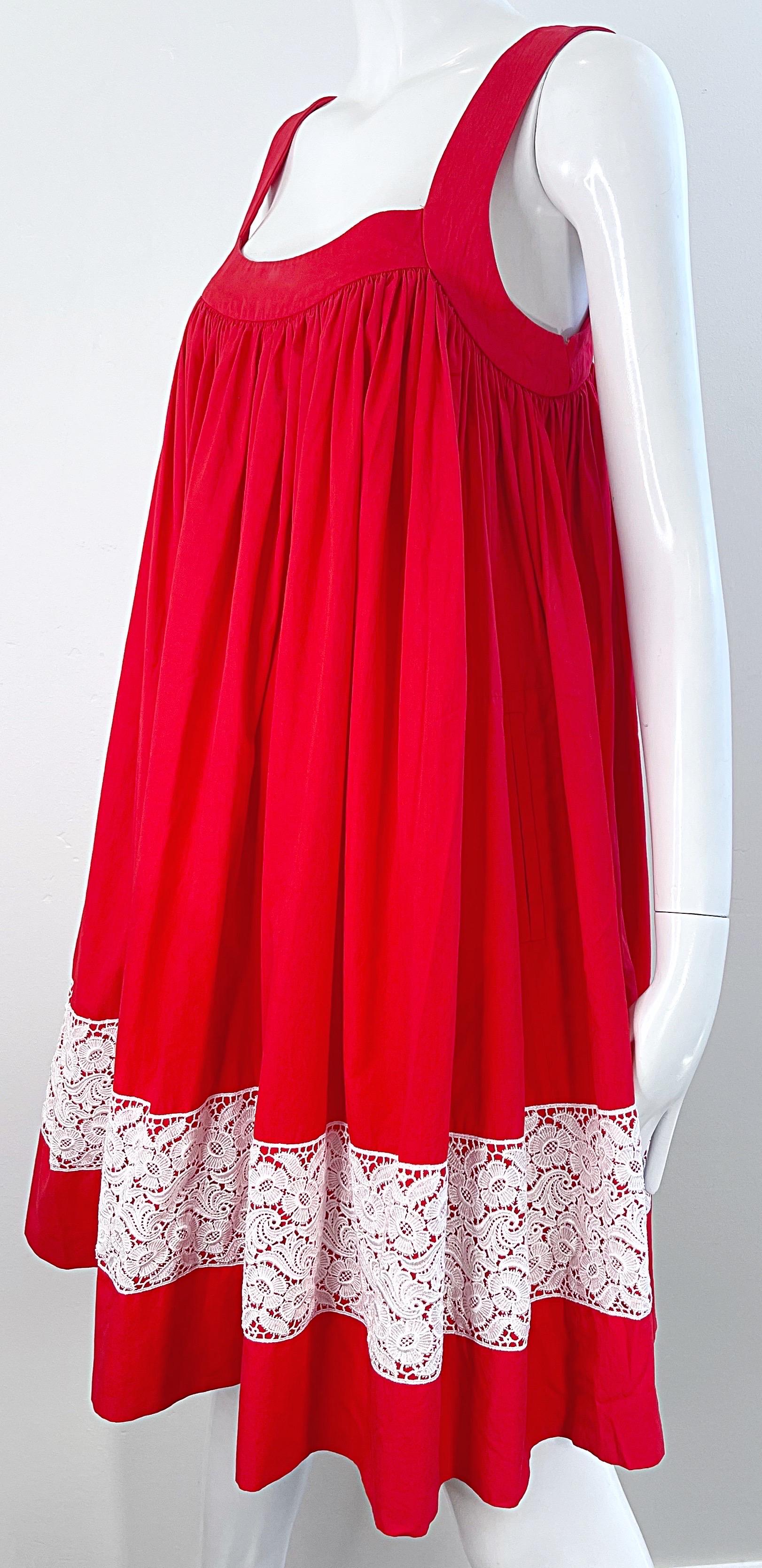 Vintage Yves Saint Laurent 1990s Size 38 Red White Cotton 90s Trapeze Dress YSL For Sale 9