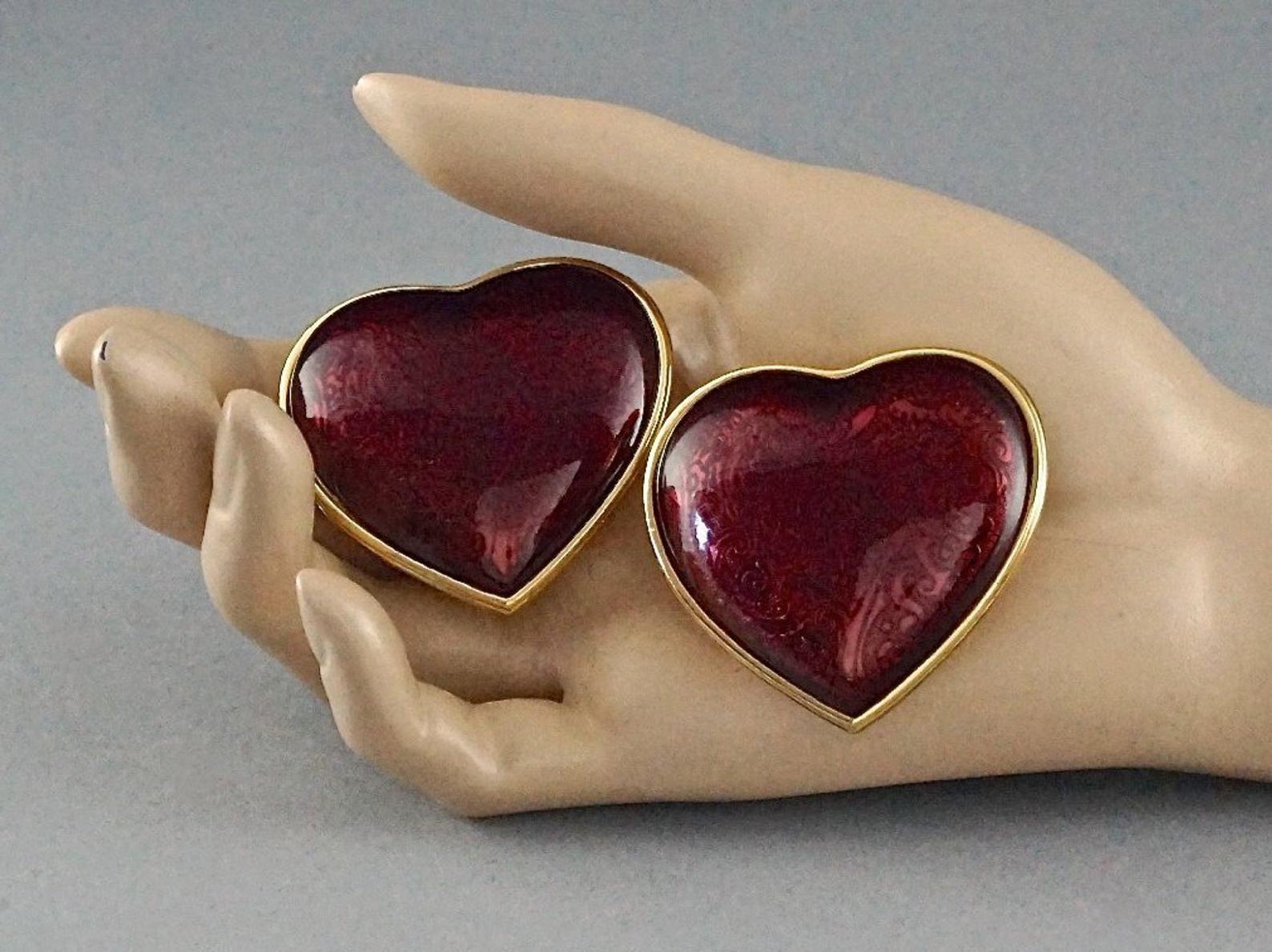 Vintage YVES SAINT LAURENT Arabesque Enamel Red Heart Earrings 2