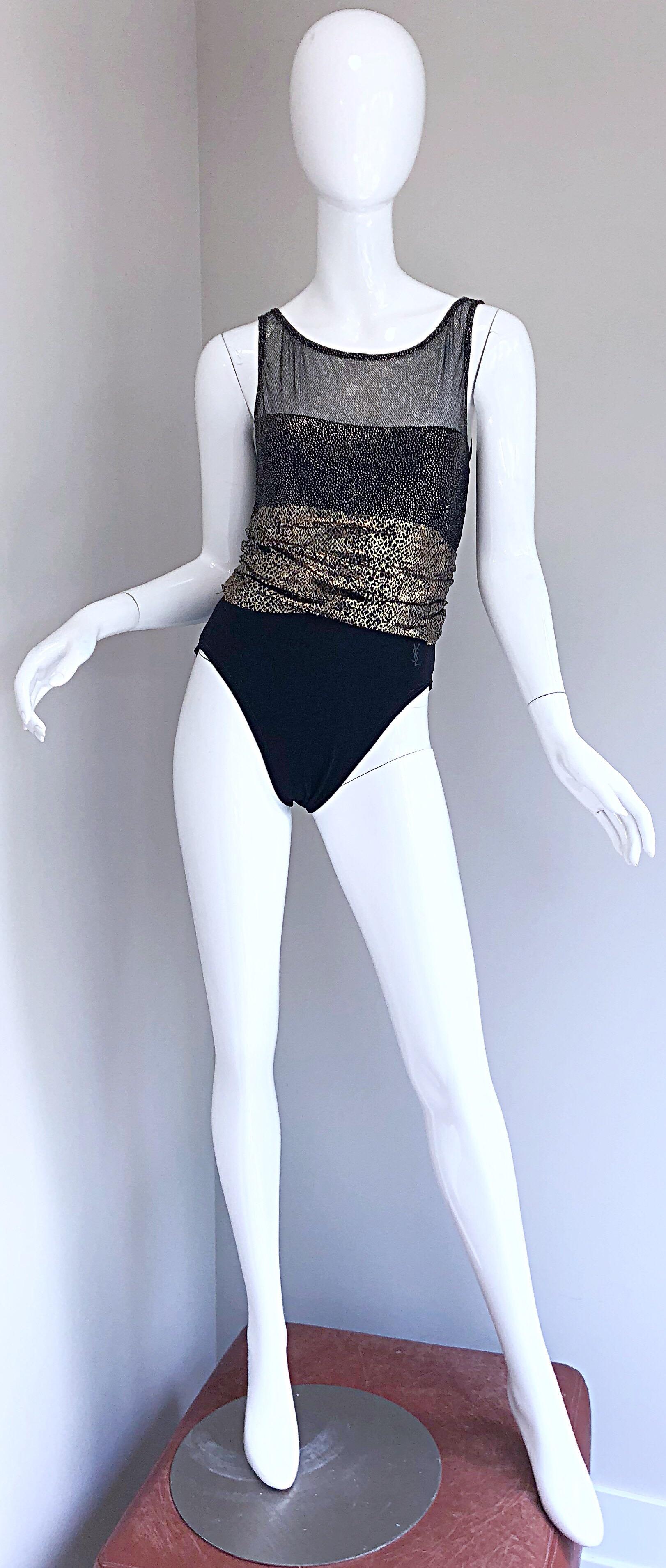 Sexy vintage YVES SAINT LAURENT black and gold metallic nude illusion one piece swimsuit or bodysuit! Features black on the bottom with the YSL logo emobssed at left hip. Black and gold snakeskin printed ruched waist is very flattering. Black and