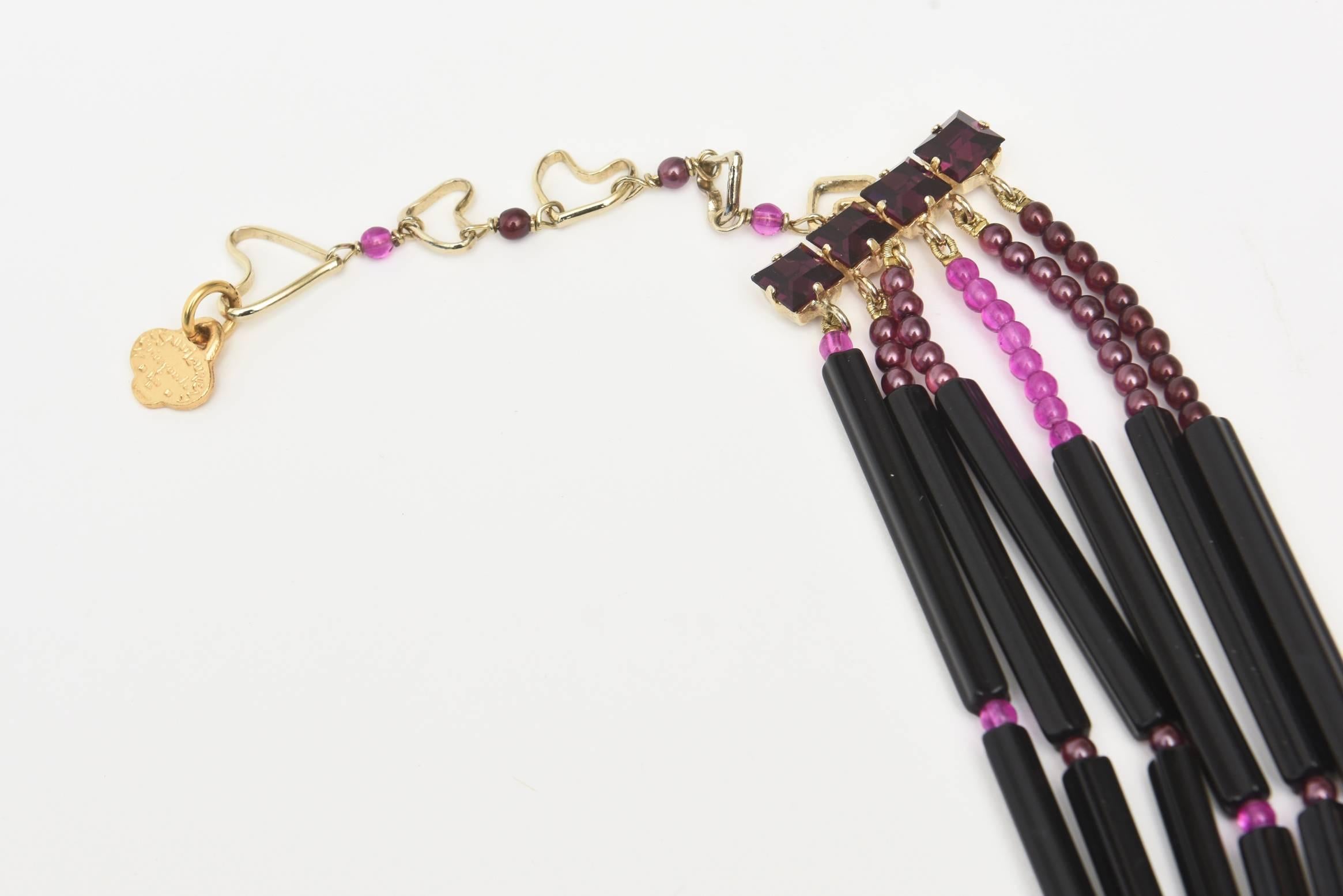 Vintage Yves Saint Laurent Black and Purple Glass 6 Strand Rare Necklace In Good Condition For Sale In North Miami, FL