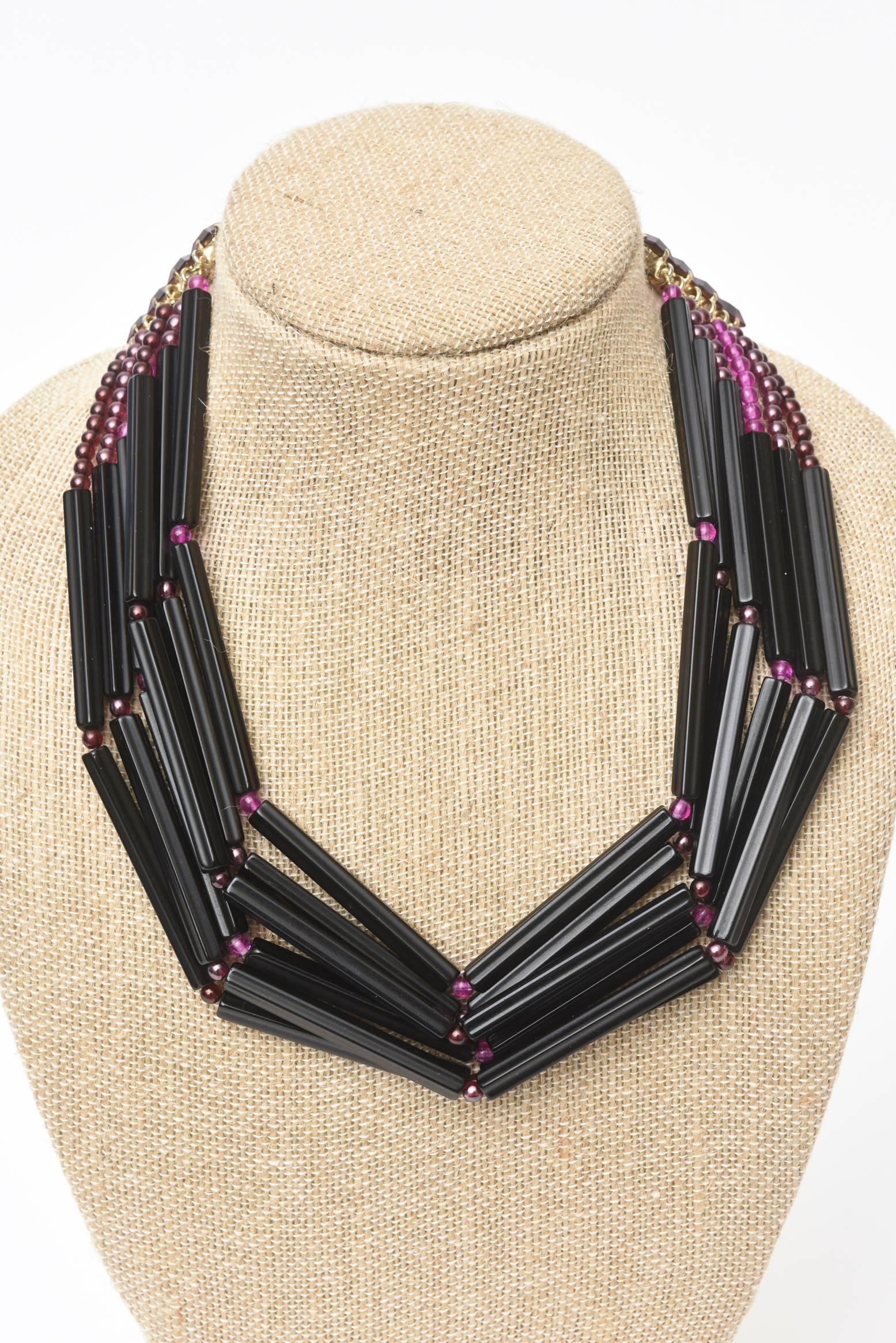 Vintage Yves Saint Laurent Black and Purple Glass 6 Strand Rare Necklace For Sale 2