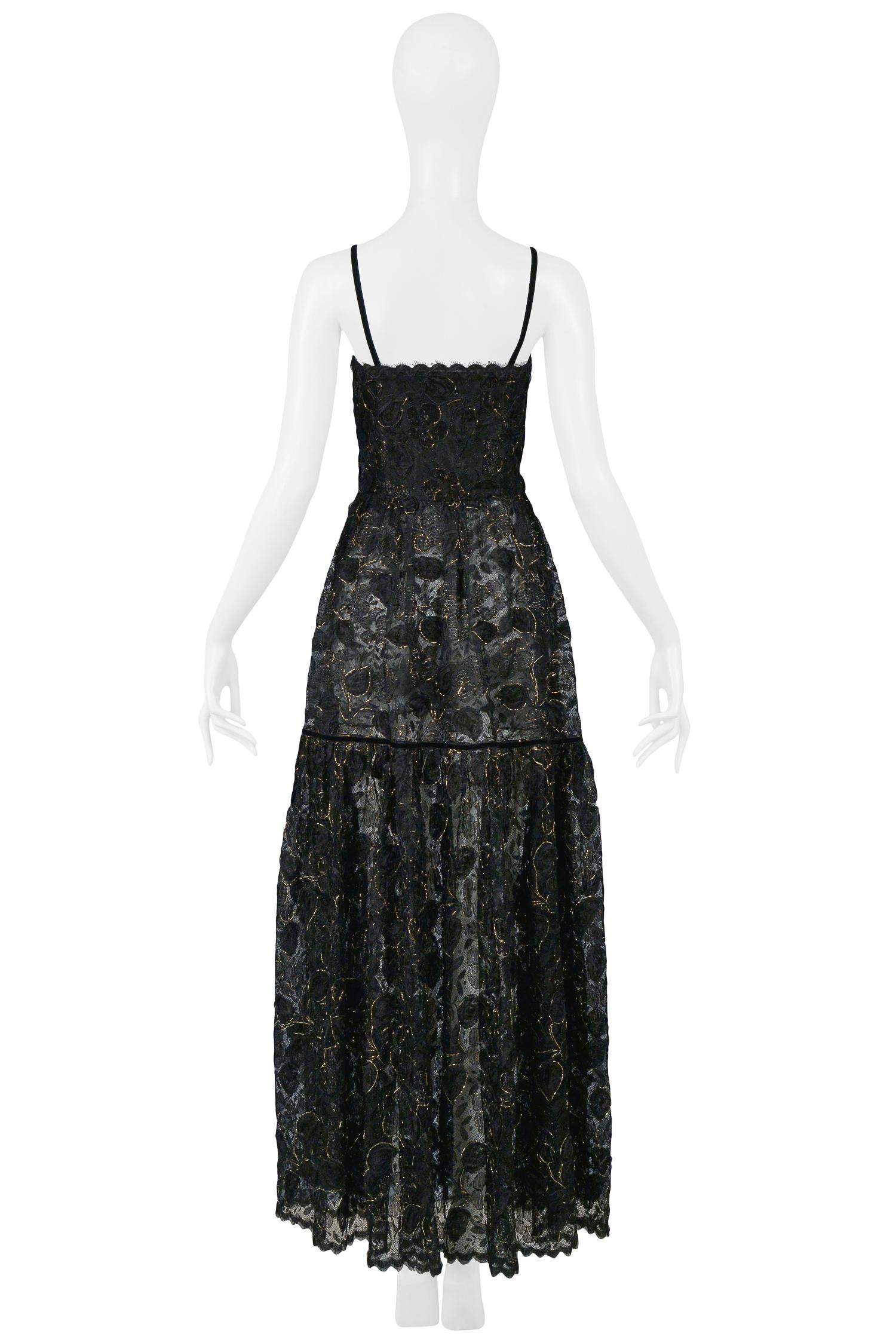 Vintage Yves Saint Laurent Black Lace & Gold Thread Evening Gown In Excellent Condition In Los Angeles, CA