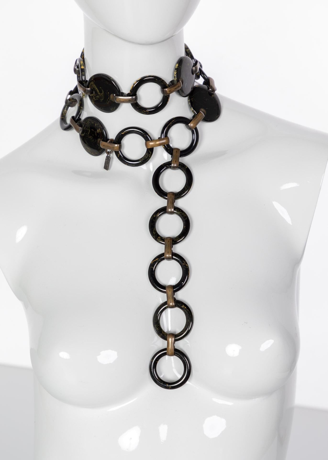 Women's Vintage Yves Saint Laurent Black Marbled Bakelite Belt Necklace YSL