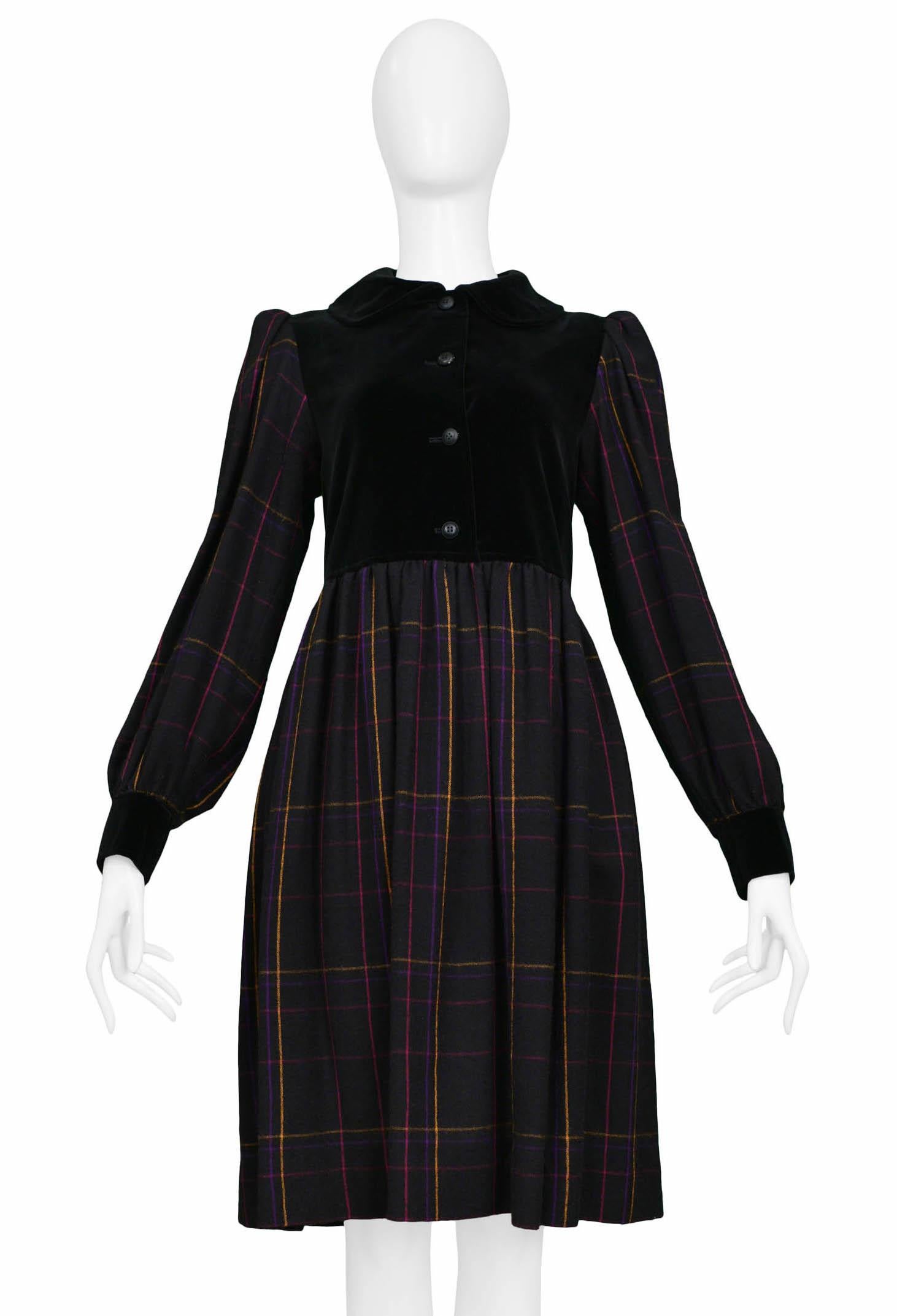Vintage Yves Saint Laurent Black Plaid & Velvet Smock Dress Circa 1970's In Excellent Condition In Los Angeles, CA