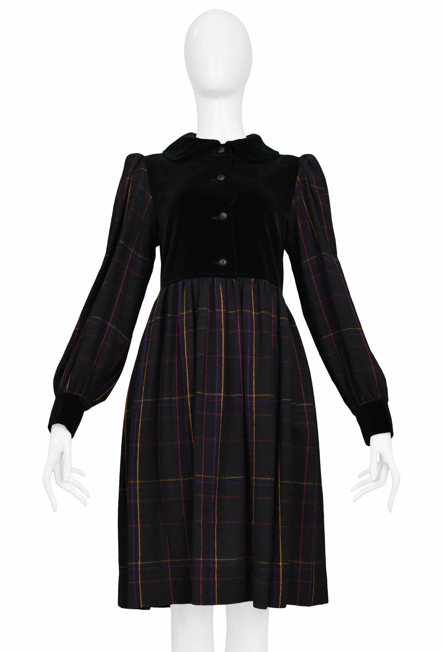 Vintage Yves Saint Laurent Black Plaid & Velvet Smock Dress Circa 1970's In Excellent Condition For Sale In Los Angeles, CA