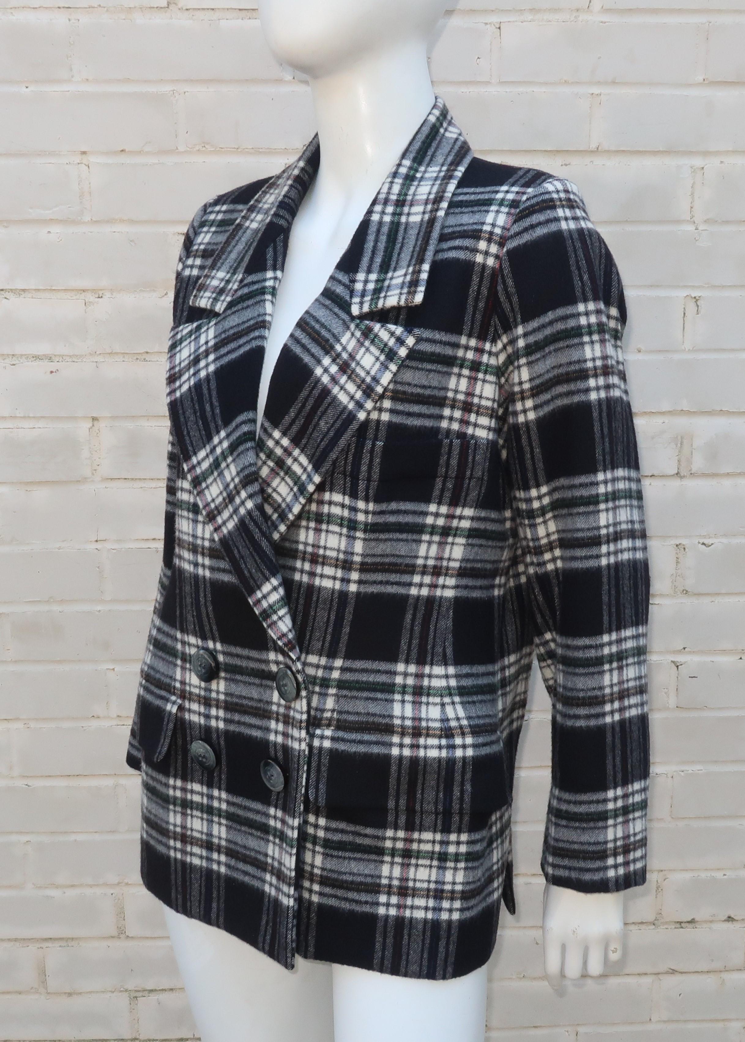 Vintage Yves Saint Laurent Black & White Plaid Wool Jacket In Good Condition In Atlanta, GA