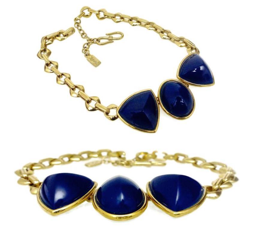 Women's Vintage Yves Saint Laurent Blue Chunky Geometric Earrings Necklace Set For Sale