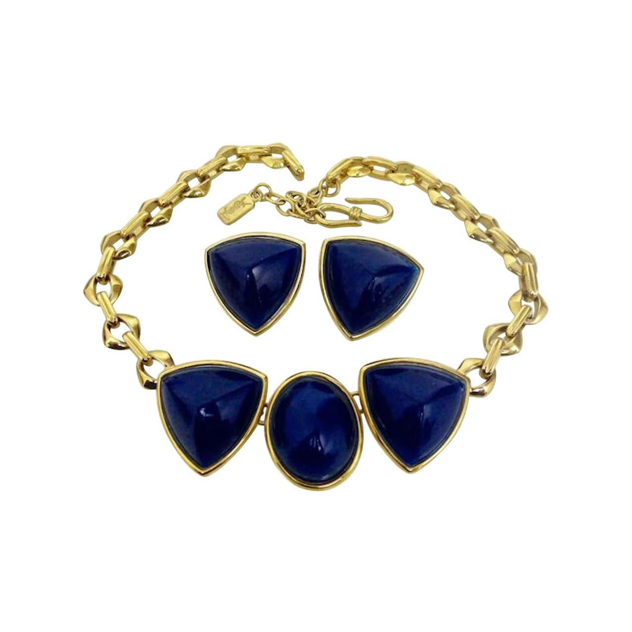 Vintage Yves Saint Laurent Blue Chunky Geometric Earrings Necklace Set For Sale