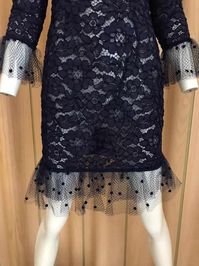 Vintage Yves Saint Laurent Blue Lace Fitted Cocktail Dress For Sale 8