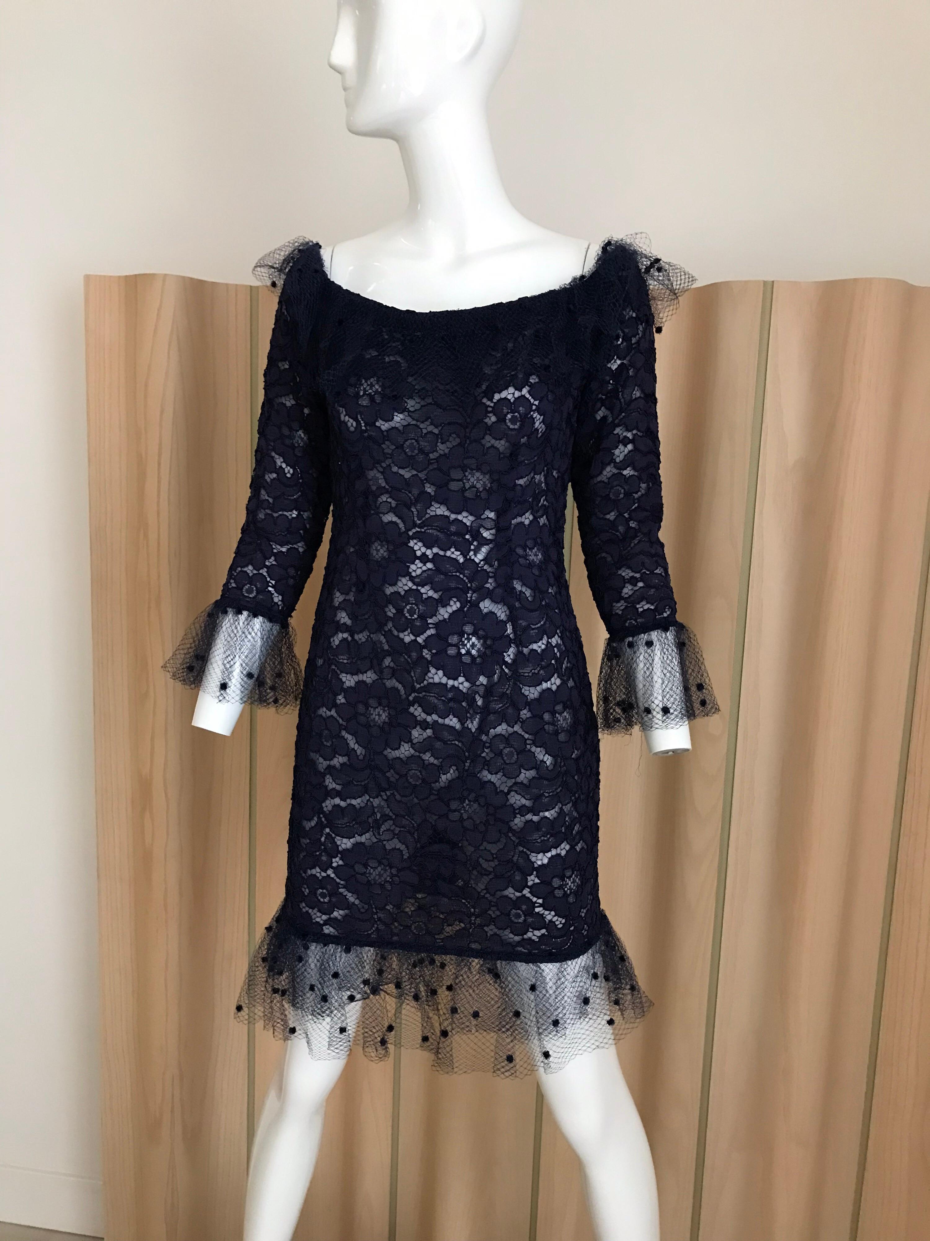 Vintage Yves Saint Laurent Blue Lace Fitted Cocktail Dress 6