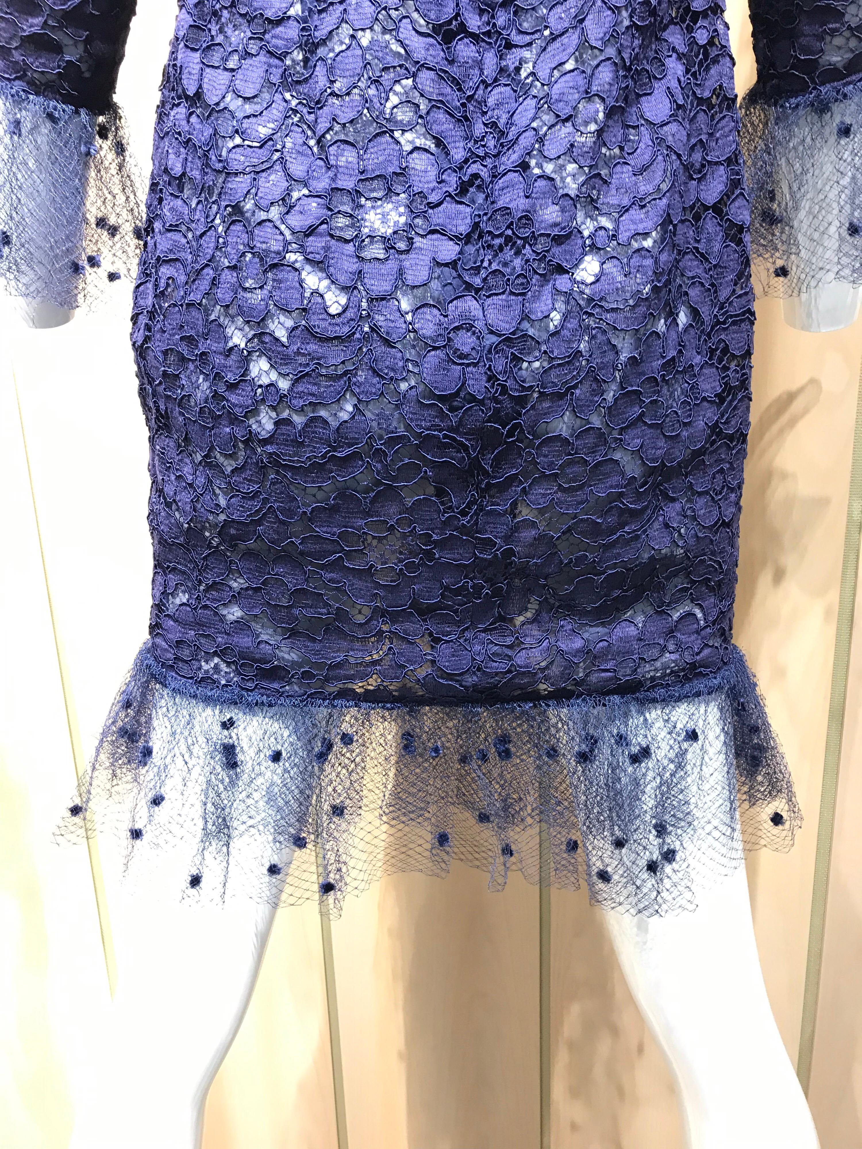 Vintage Yves Saint Laurent Blue Lace Fitted Cocktail Dress 7