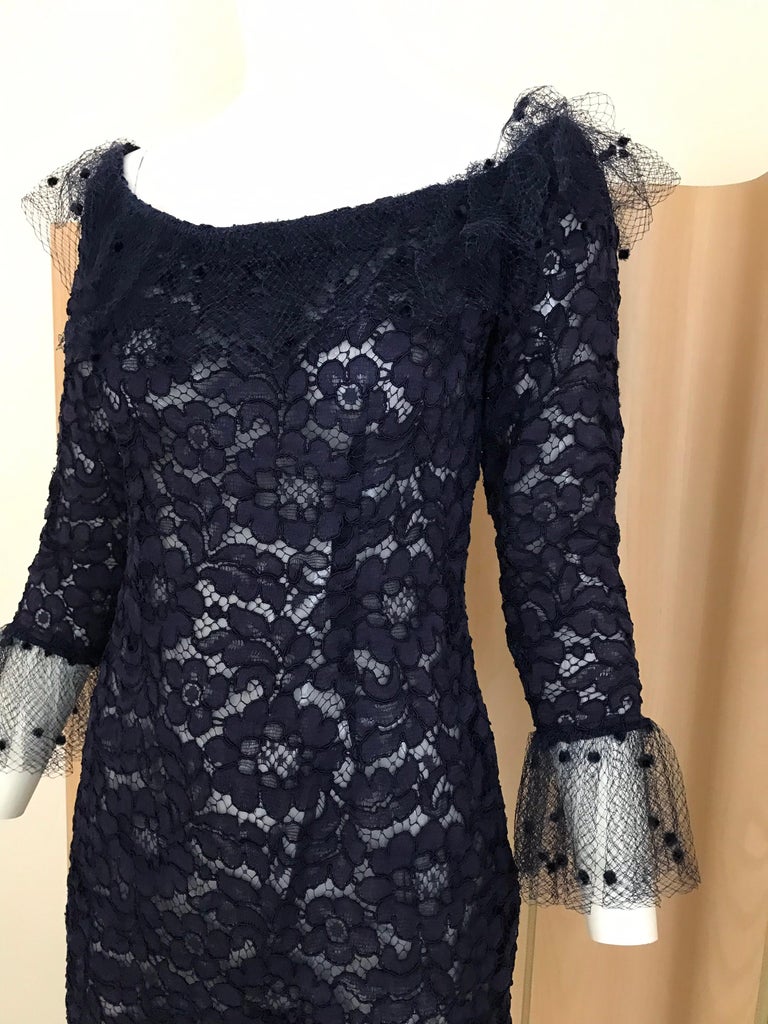 Vintage Yves Saint Laurent Blue Lace Fitted Cocktail Dress In Good Condition For Sale In Beverly Hills, CA