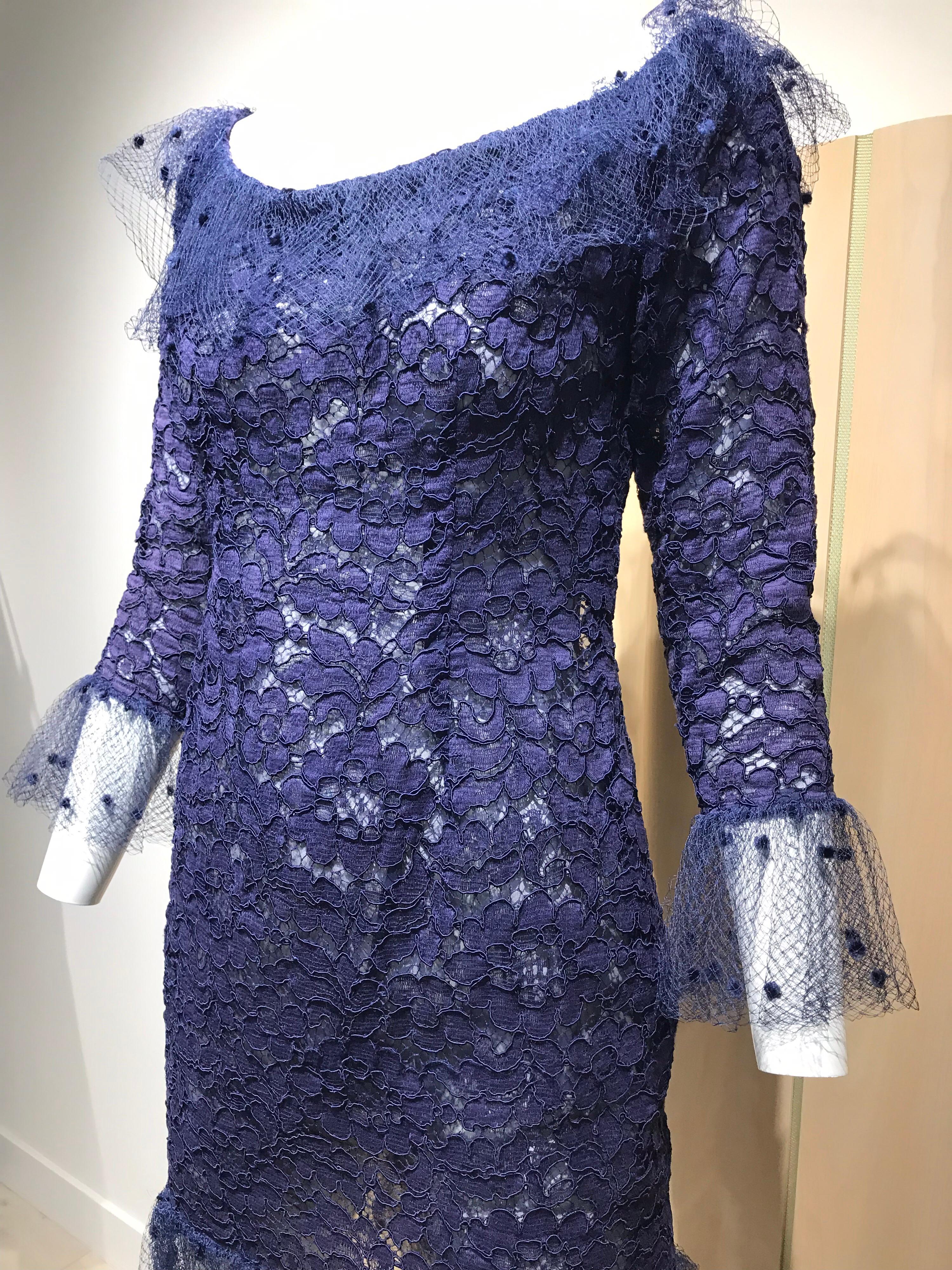 Vintage Yves Saint Laurent Blue Lace Fitted Cocktail Dress In Good Condition In Beverly Hills, CA