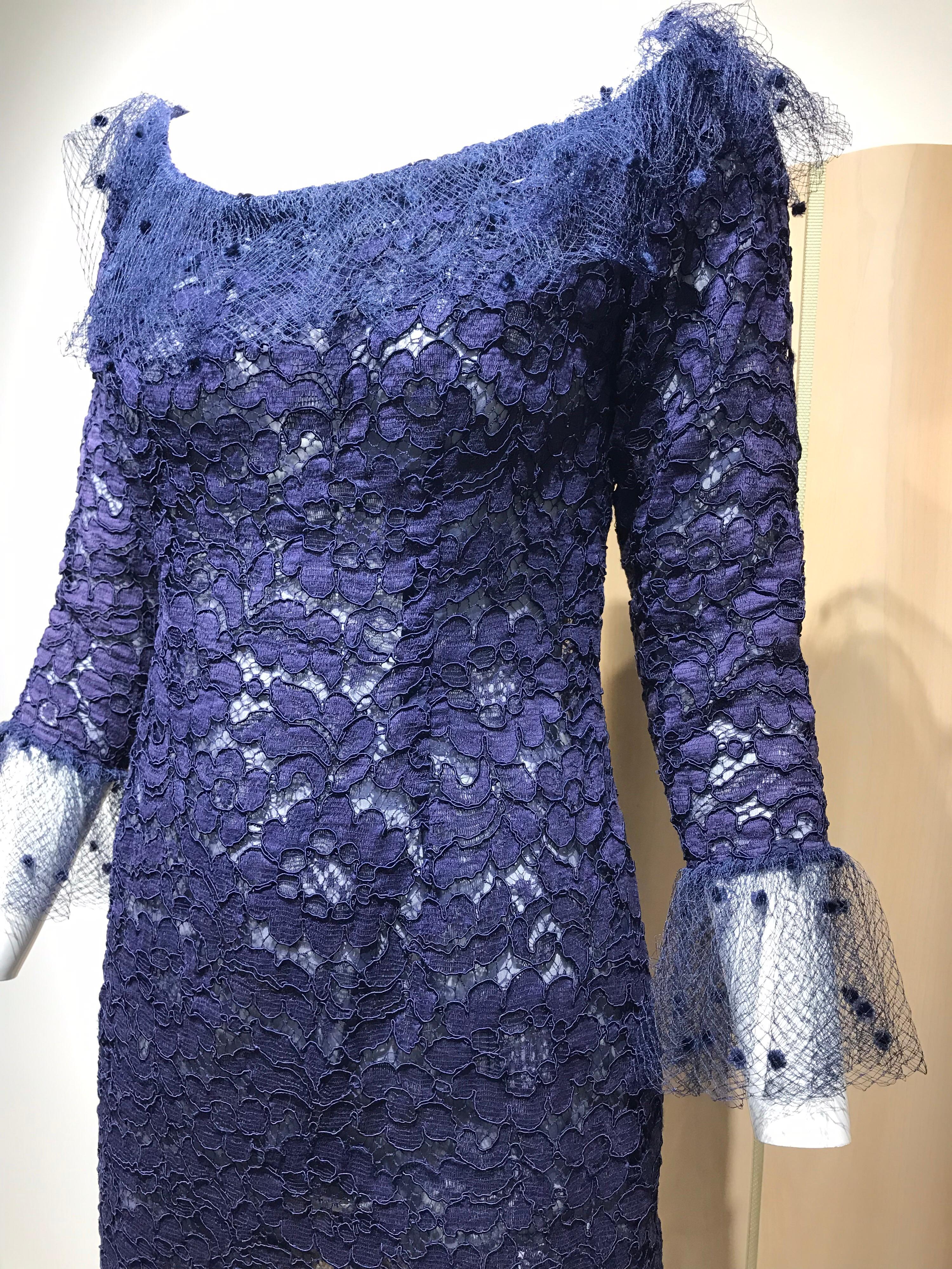 Vintage Yves Saint Laurent Blue Lace Fitted Cocktail Dress 2