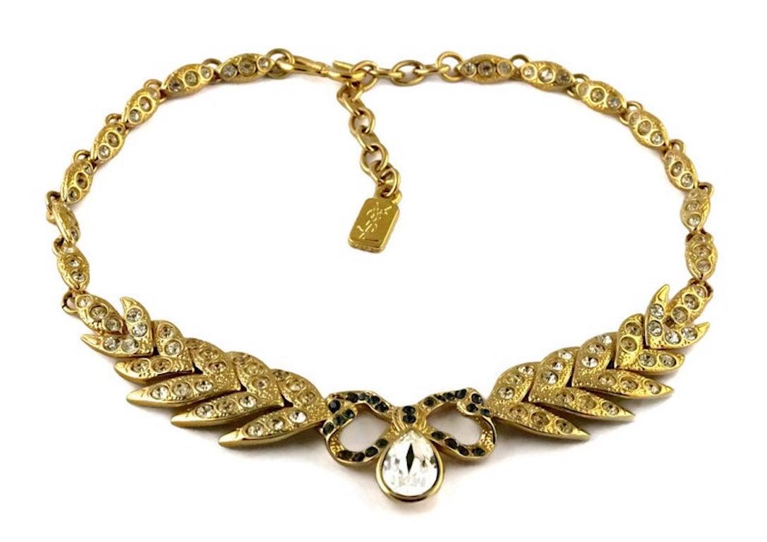 Vintage YVES SAINT LAURENT Bow Leaf Rhinestone Necklace In Excellent Condition For Sale In Kingersheim, Alsace